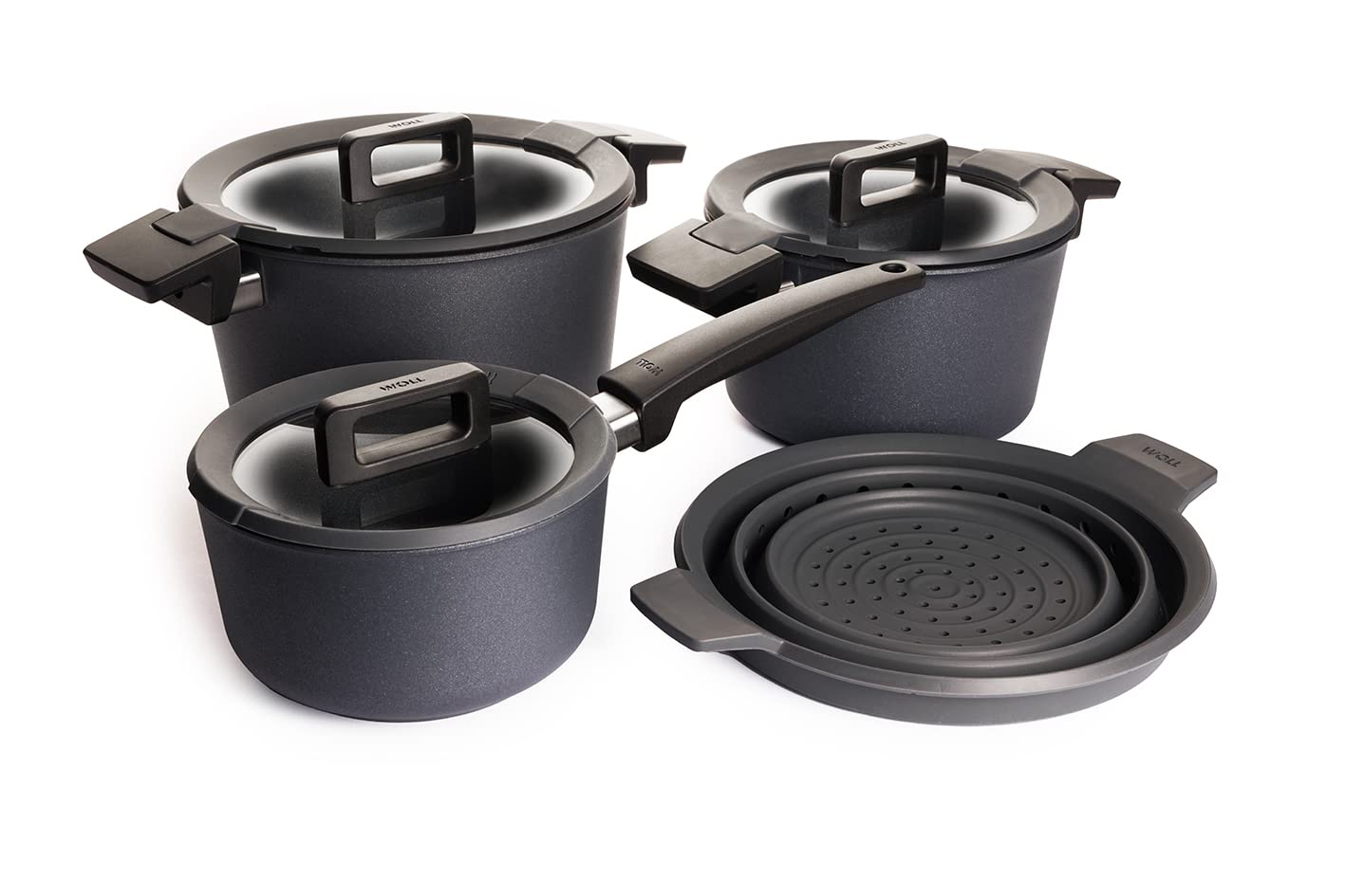 Woll 101CPI 120 CP / 124 CP /918 CP/SI 24 Ensemble de 4 Plats de Cuisson en Fonte pour Feux à Induction + Couvercle Assorti et M