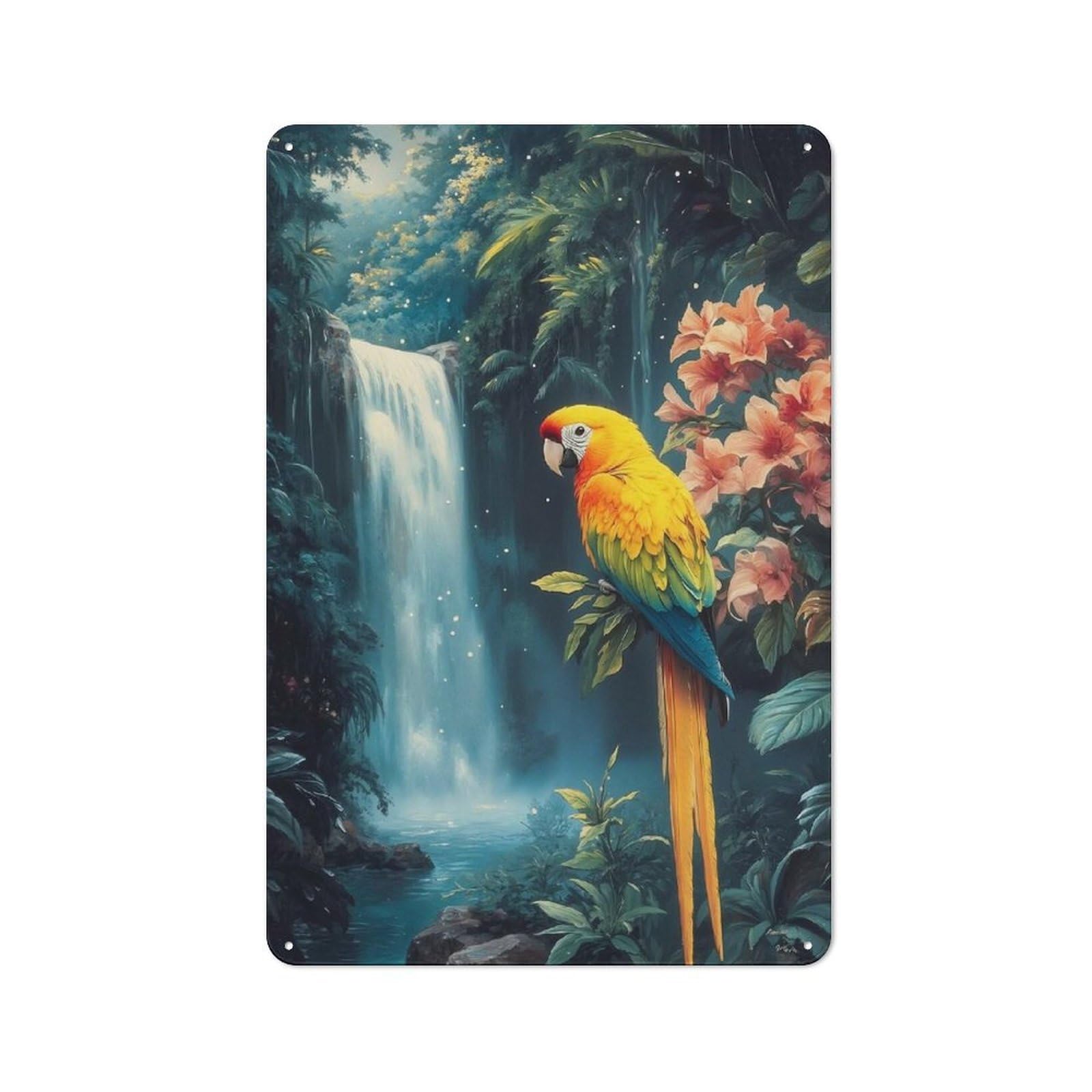 Junmoney Style-13 For Garage Or Workshop, Parrot In Tropical Waterfall Paradise Rustic Metal Plaque 30X20cm, Suited To Wall Displays In Garages And Tool Rooms