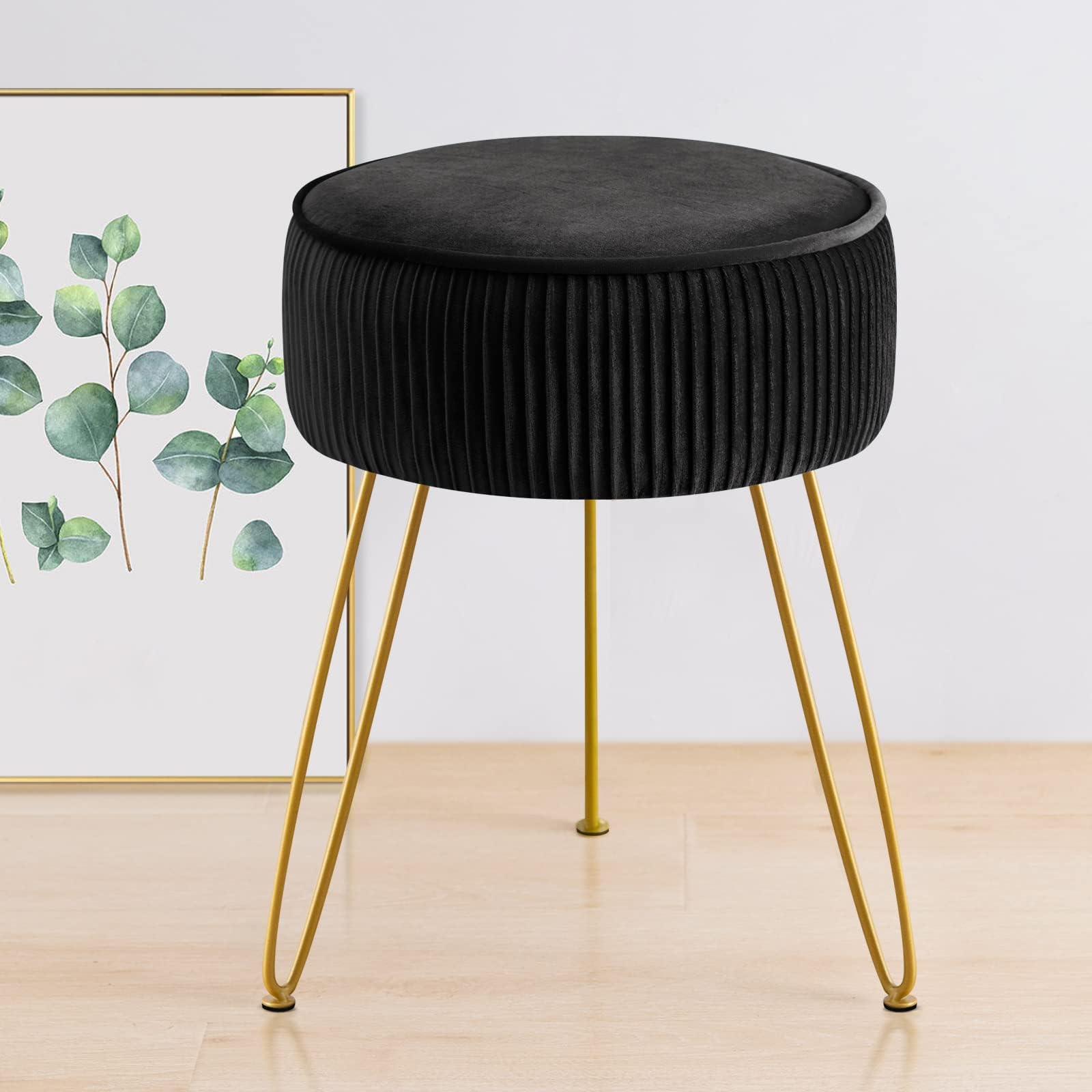 GERANT Multifunctional Vanity Stool,Modern Vanity Stools for Makeup Room,Velvet Round Ottoman Footrest Stool with Metal Legs, Upholstered Pleated Vanity Chair Stool for Living Room,Offices(Black)