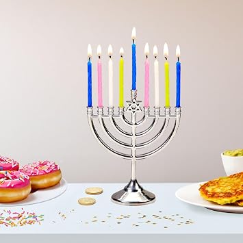 Rite Lite Mini Menorah Set with 48 Multicolor Birthday Candles - Portable Chanukah Candle Holder Diecast Aluminum Menorah Hanukkah Gifts Jewish Party Favors Living Room Holiday Decor Centerpiece 5 H