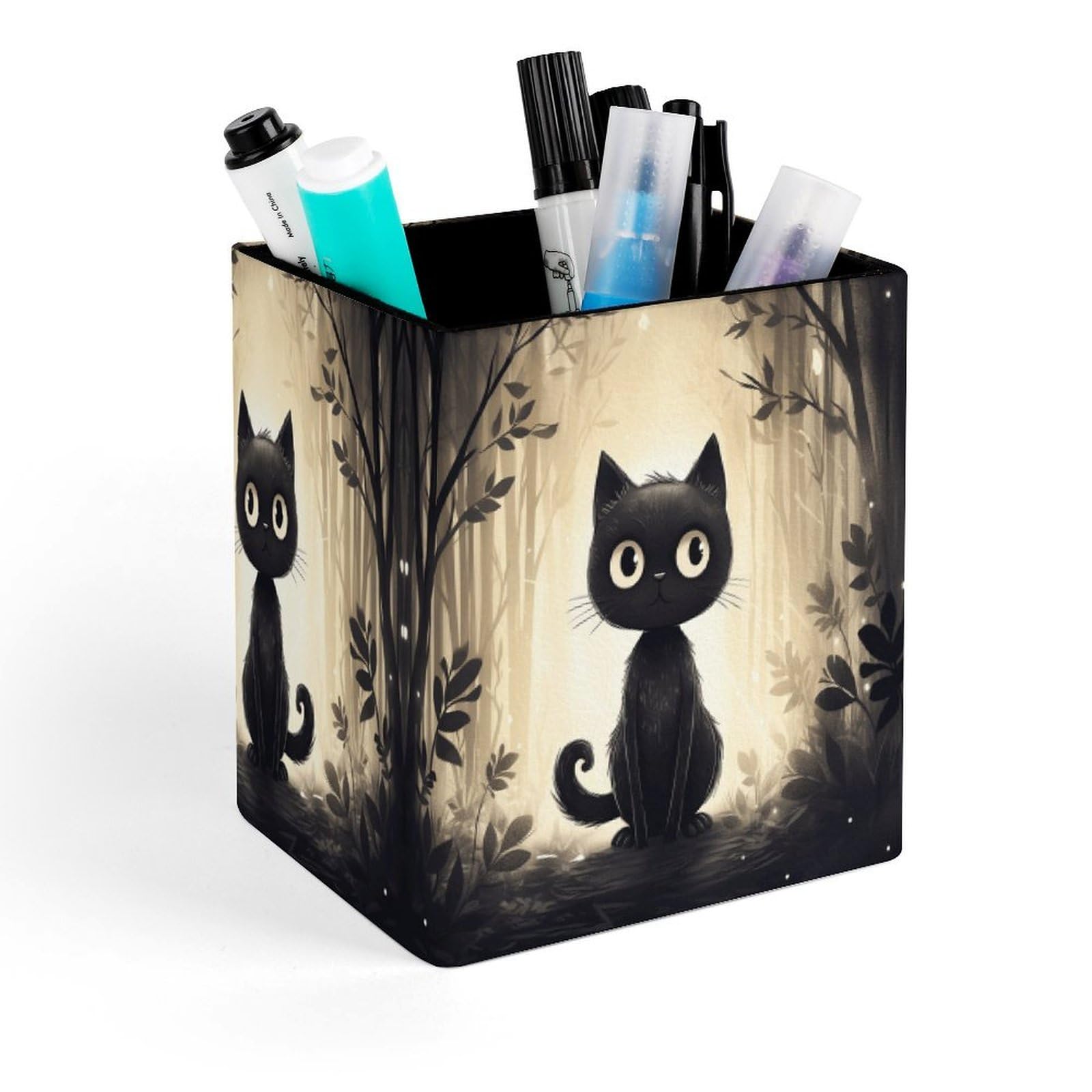 FekiLoot Hand Drawn Black Cat Pencil Holder Square Leather Pen Holder Cup Modern Multi-Functional Pencil Cup Holder Decorative Desk Organizer Caddy Makeup Brush Holders for Desk Office