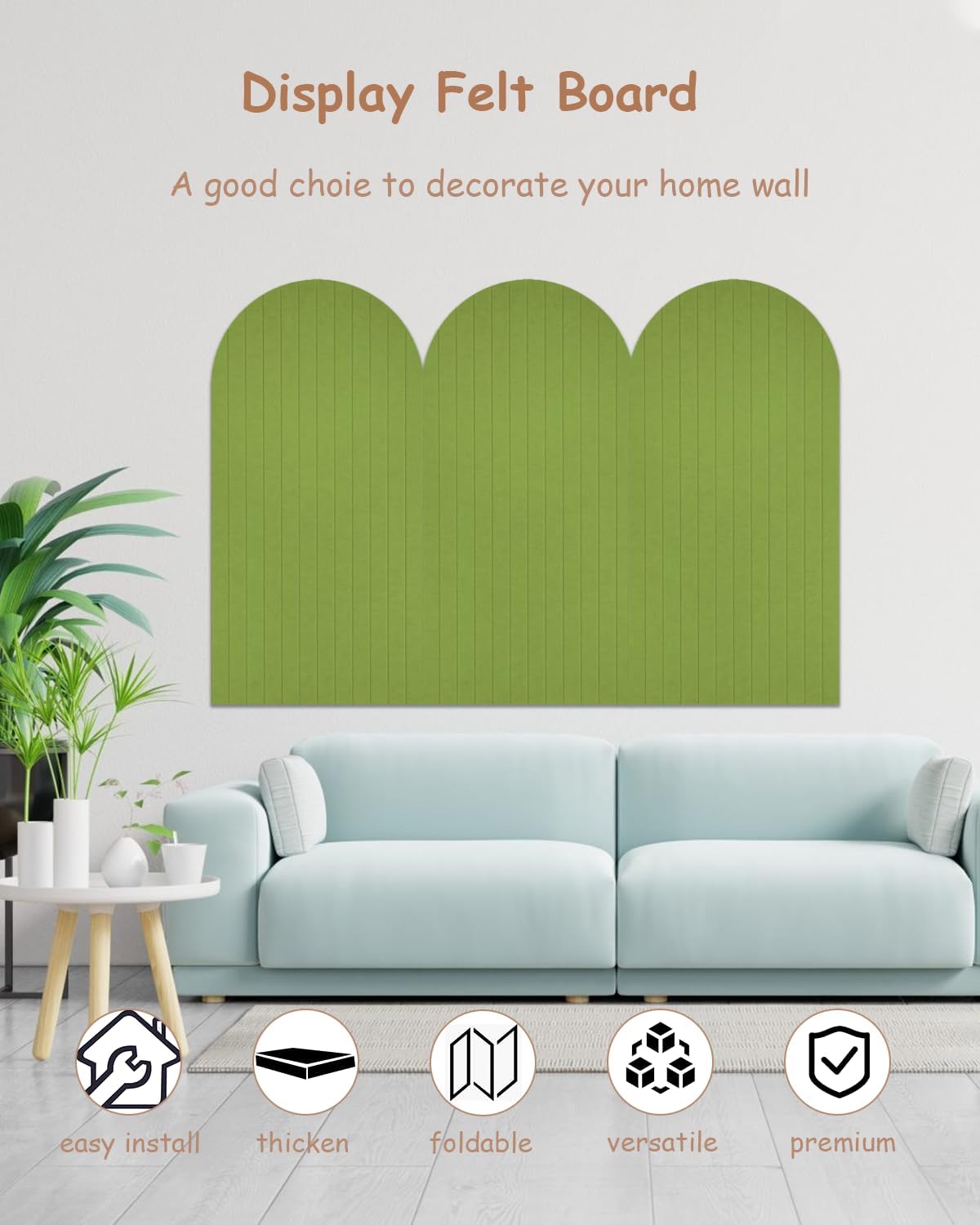 Foldable Bulletin Board 47x24 inches, 0.35" Thick Felt Wall Tiles, Large Cork Board with Adhesive Sticker, Round Edges Wall Panels for Office Bedroom Living Room, Decorative Board (Apple Green)