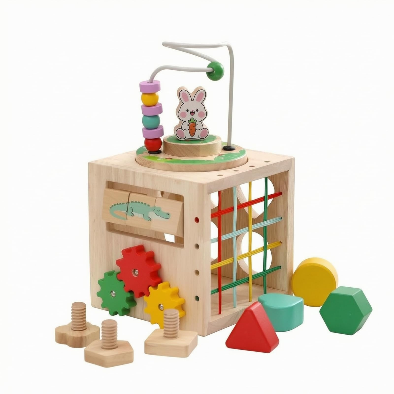 Lernspielzeug Holz Aktivitätswürfel Kinder Spielwürfel Motorikwürfel Perlenlabyrinth mit Stecktafeln Und Drehfunktionen Sichere Große Elemente für Vorschule Kinderzimmer Geschenk