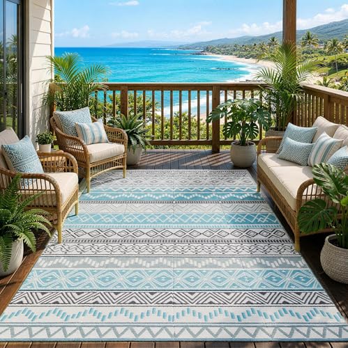 Strickland Home Outdoor Rug 6 x9 ft, Plastic Rug for Patio, Blue & Grey