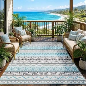 Outdoor Rug 6 x9 ft, Plastic Rug for Patio, Blue & Grey
