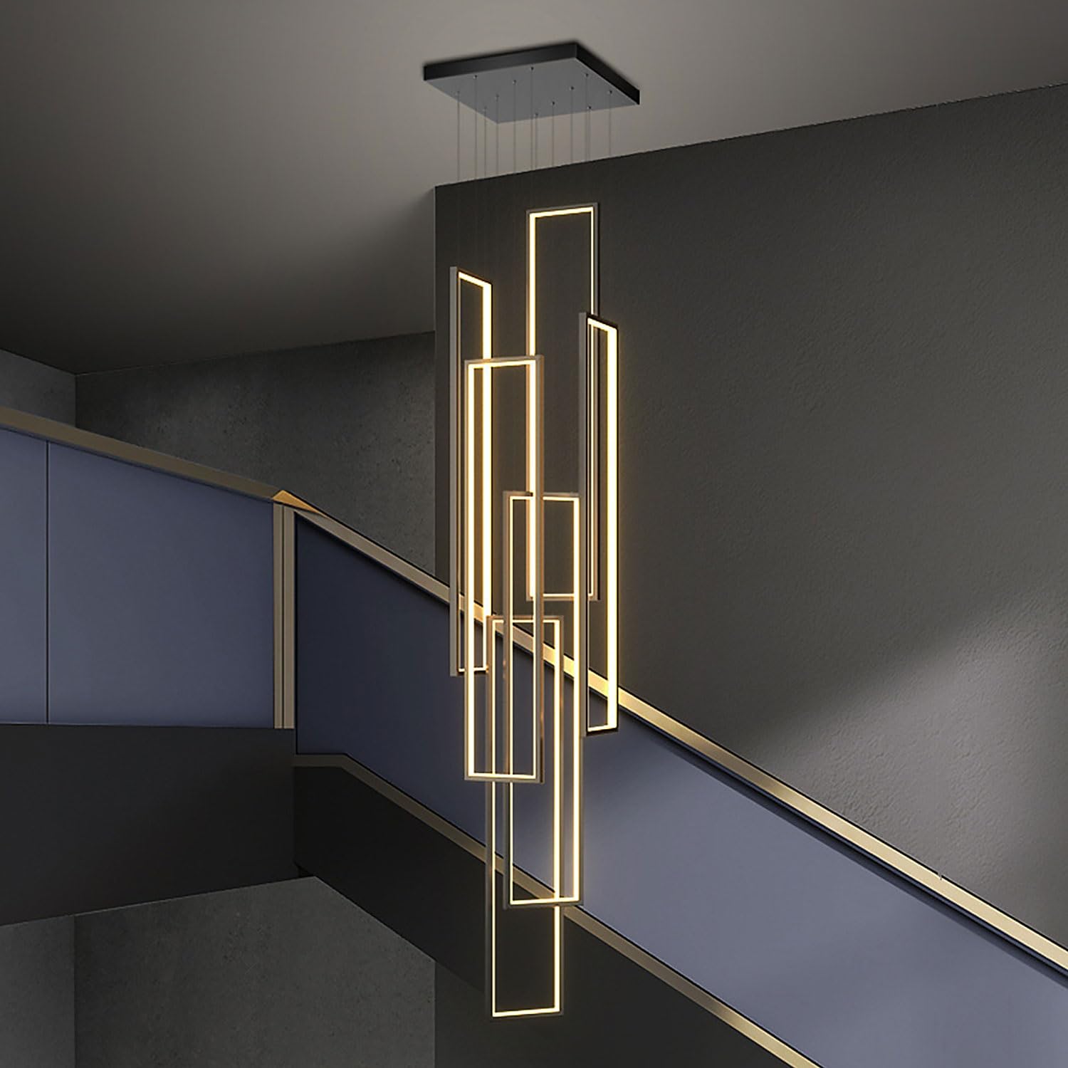 Modern LED Geometrie Pendelleuchte Wohnzimmerlamp Aluminium Treppe Kronleuchter Xuanguan Schlafzimmer Hängeleuchte Schwarz Salon Esszimmer Deckenleuchte Acryl Hängelampe,6 heads Dimmbar