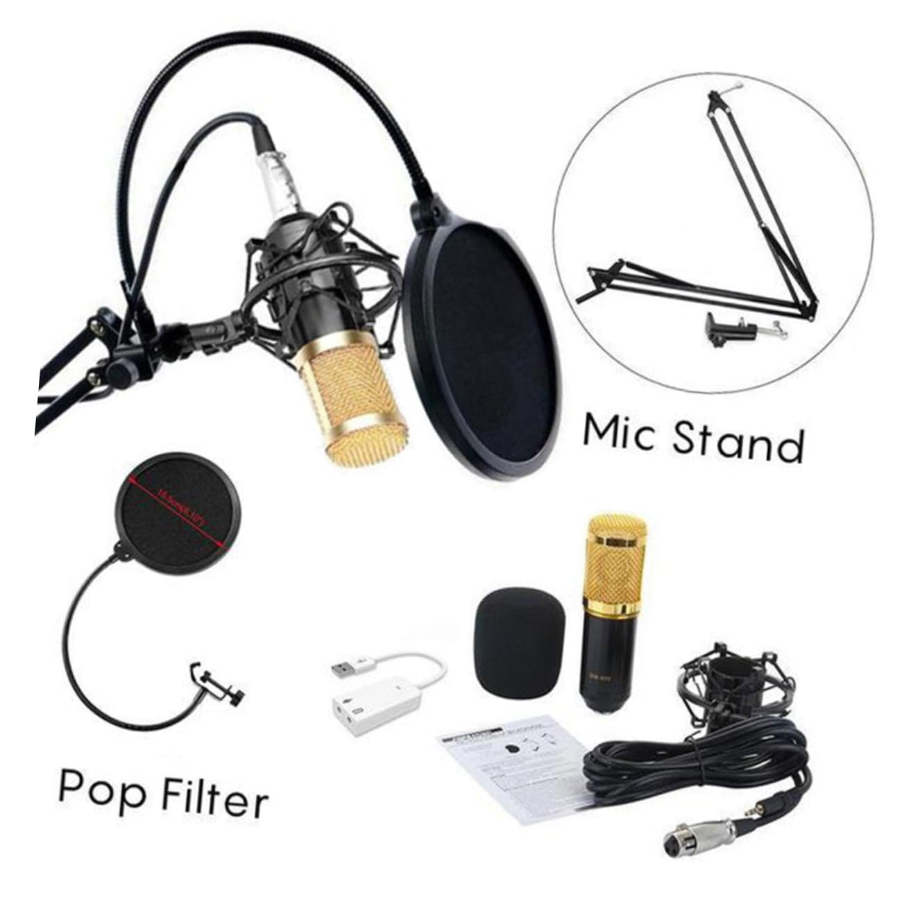 ibasenice Micrófono con Soporte Metálico de Condensador Negro Profesional Bm-800 y Alta Sensibilidad Filtro Anti-Pop para Estudios y Grabación en Computadora