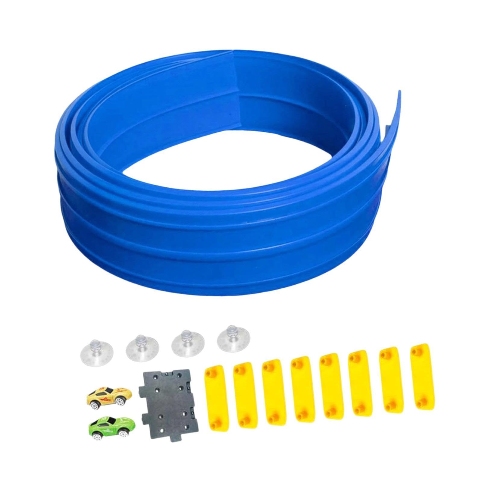 Flexible Rennstrecke Spielzeug Set mit Saugknöpfen Kompakte Rennbahn für Kinder Robuste Diecast Autos DIY Rennbahn Bastelset für Familienausflug Kinde, Blau, 4m
