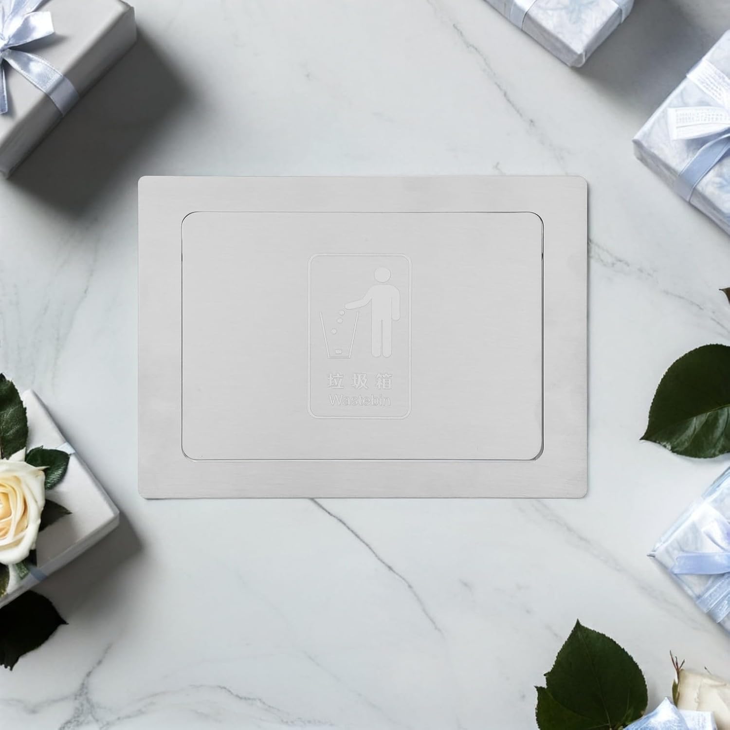 Countertop Recessed Trash Can Lid Stainless Steel Embedded Built-in Garbage Bin Cover Push Flip Panel Side Mount for Kitchen Cabinets and Milk Tea Shops