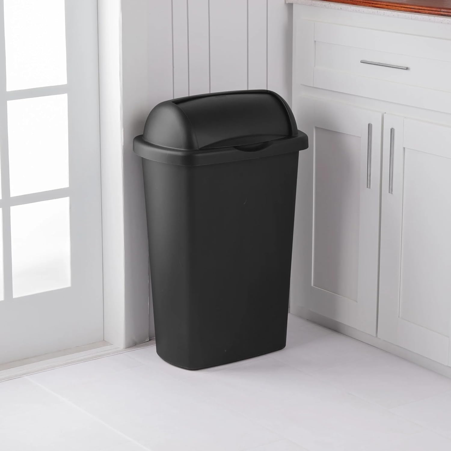 13 Gallon Kitchen Trash Can - Black Plastic Bin with Roll Top Lid | Home Garbage Container for Kitchen Use