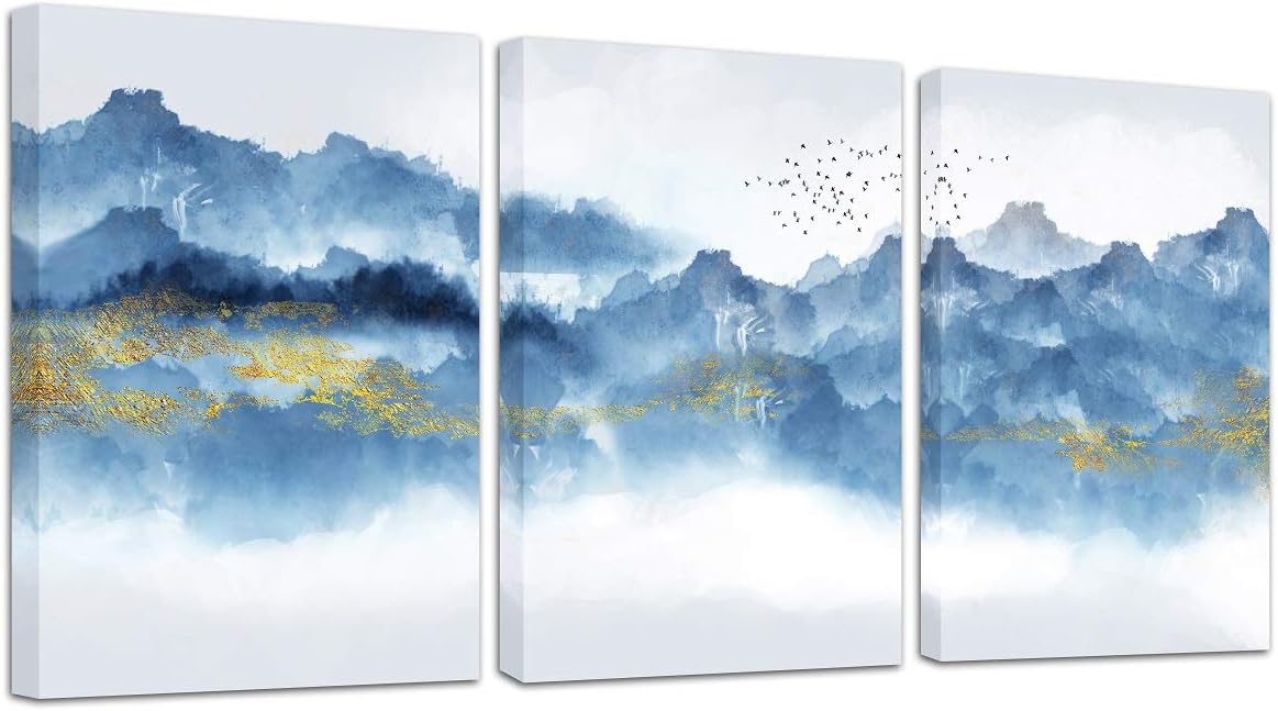 Navy Blue Abstract Mountains Canvas Wall Art for Living Room Modern Watercolor Print Poster Picture Artworks for Bedroom Bathroom Kitchen Wall Decor 3 Pieces Framed Ready to Hang 12x16 Inches