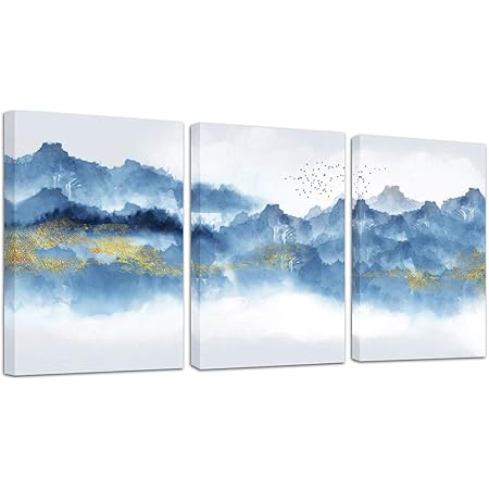 Amazon.com: Navy Blue Abstract Mountains Canvas Wall Art For Living Room Modern Watercolor Print Poster Picture Artworks For Bedroom Bathroom Kitchen Wall Decor 3 Pieces Framed Ready To Hang 12X16 Inches: Posters