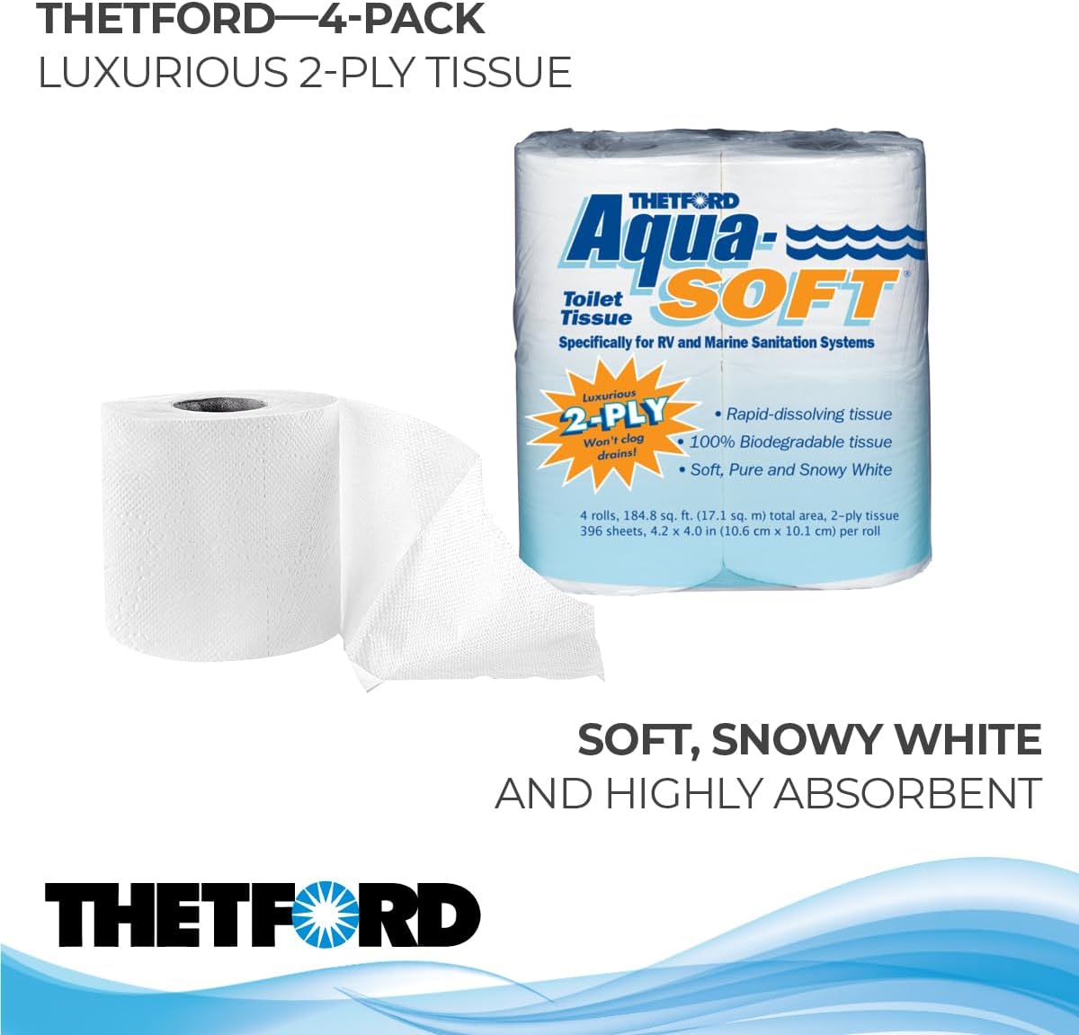 Thetford Aqua-Soft Toilet Tissue - Toilet Paper for RV and marine - 2-ply - Thetford 03300 (Pack of 4 rolls) , White 4 Count (Pack of 1) Toilet Tissue