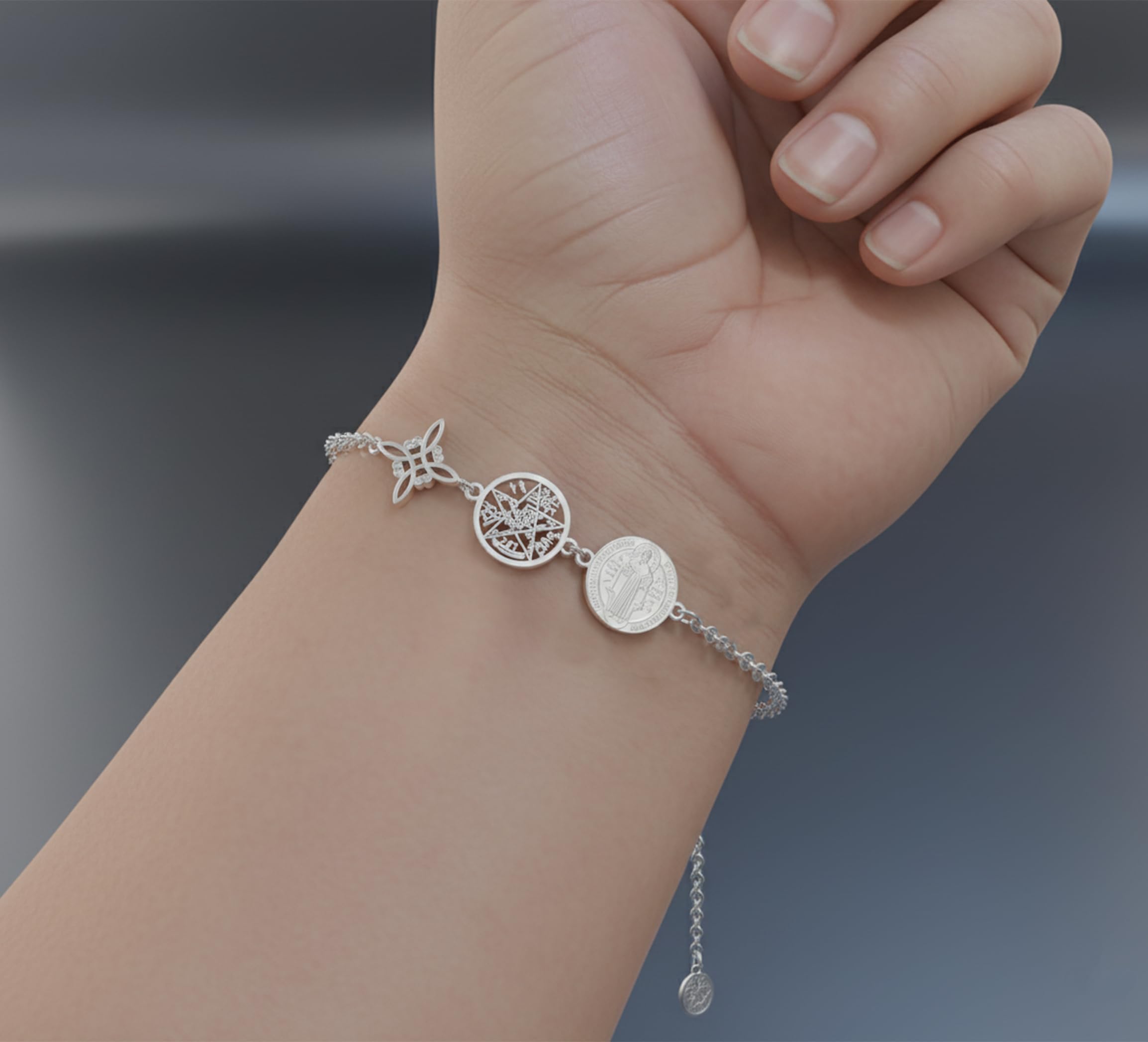 Only faith Pulsera Triple Protección con Nudo de bruja, Tetragramaton y Medalla de San Benito, Acero Inoxidable 316L, 17cm Ajustable, Cadena 1mm, Amuleto Esotérico, Dorado y Plateado