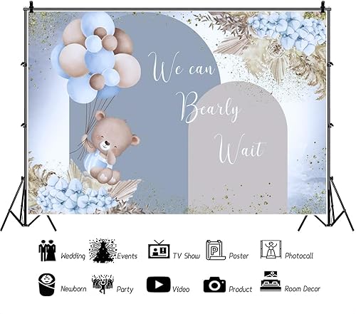 Miniatura 2 de Renaiss Telón de fondo bohemio de 5 x 3 pies para baby shower, We Can Bearly Wait Bohemian Pampas Floral Gold Dots Globos Arco Fotografía Fondo