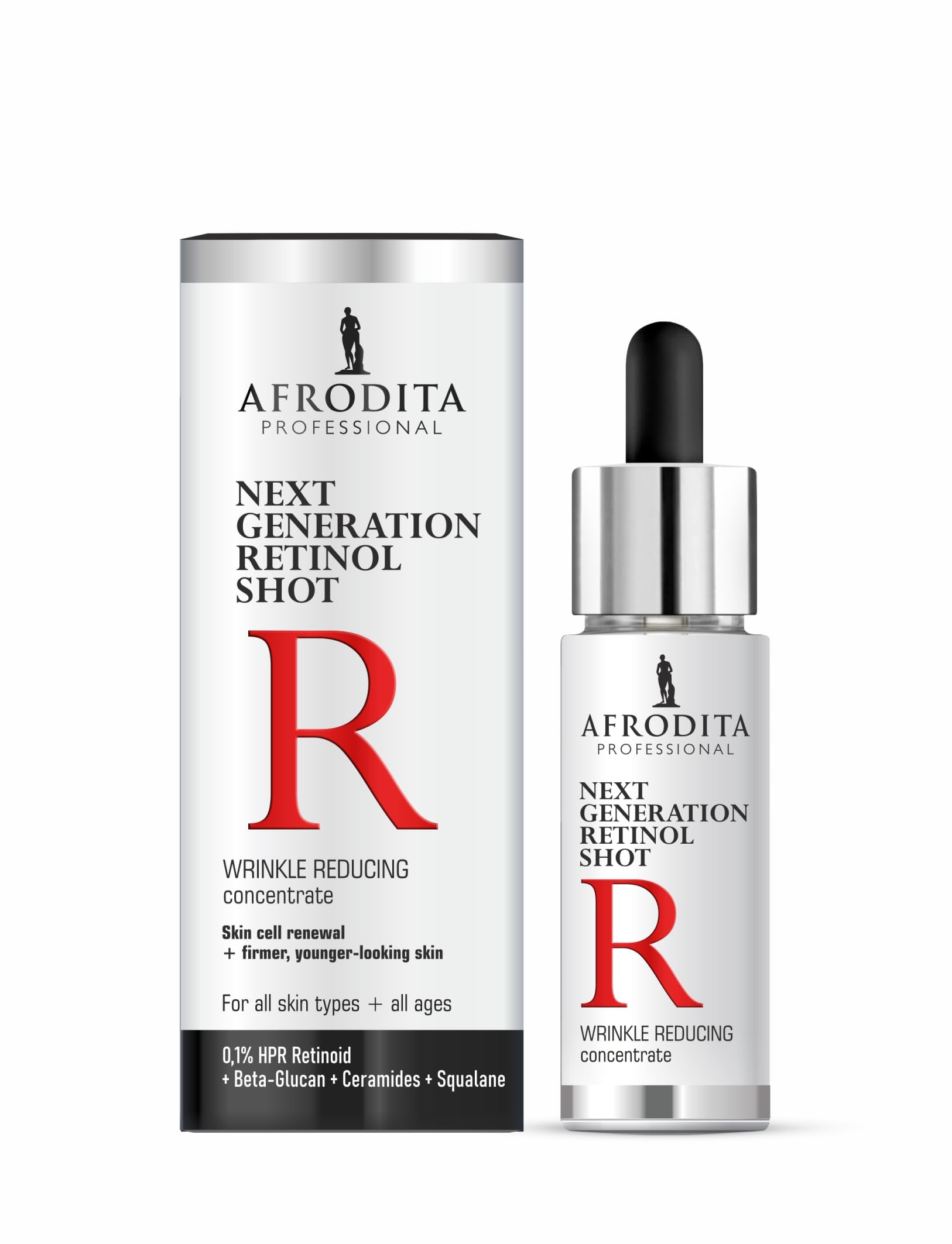 Afrodita Professional Next Generation Retinol Shot Gesichtsserum 0,1% HPR Retinoid Anti-Falten Serum gegen Linien Poren & Pigmentflecken mit Ceramiden Beta-Glucan Squalan parfumfrei 30 ml