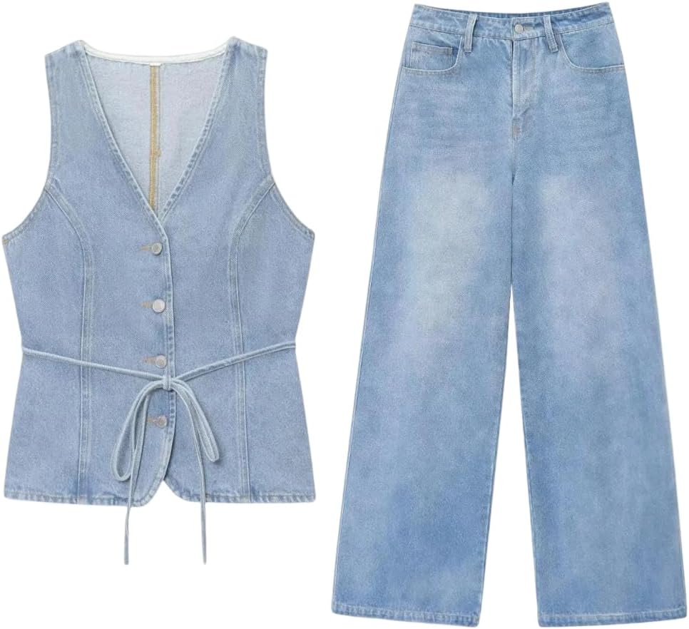 Womens Denim Vest Set V Neck Sleeveless Lace Up Waist Waistcoat and Wide Leg Jeans