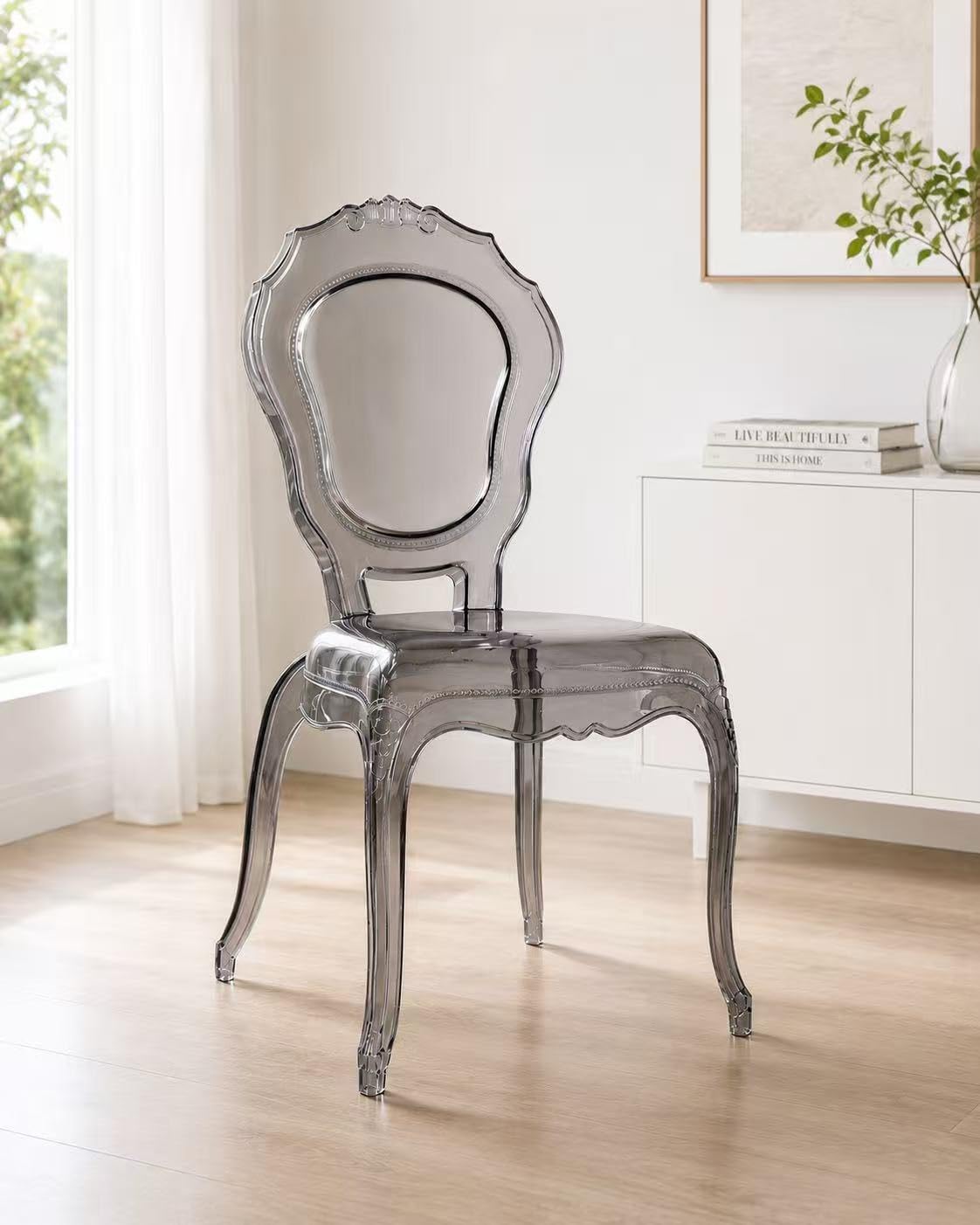 2xhome Stackable Ghost Dining Chair | Transparent Vanity Armchair | Louis Belle Style Kitchen Patio Chair Parent (2, Smoke, Armless)