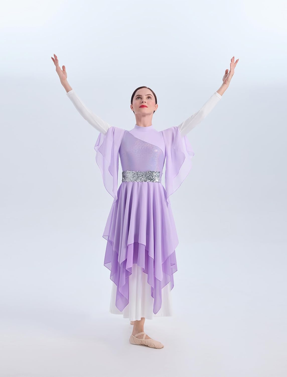 Praise Dance Dress Women Metallic Top Chiffon Cap Sleeve Flowy Skirt Worship Overlay and Tunic Liturgical Dancewear - Image 5