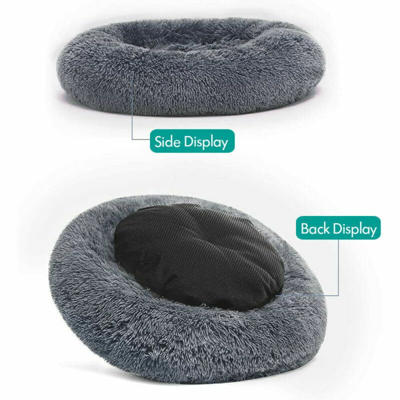 MEETOZ Plush Donut Cat Bed,20in Round Soft Fluffy Plush Pet Round Bed,with Non-Slip Bottom Warming Pet Bed Washable Cushion for Small Medium Dogs and Cats (Deep Grey) - Image 3