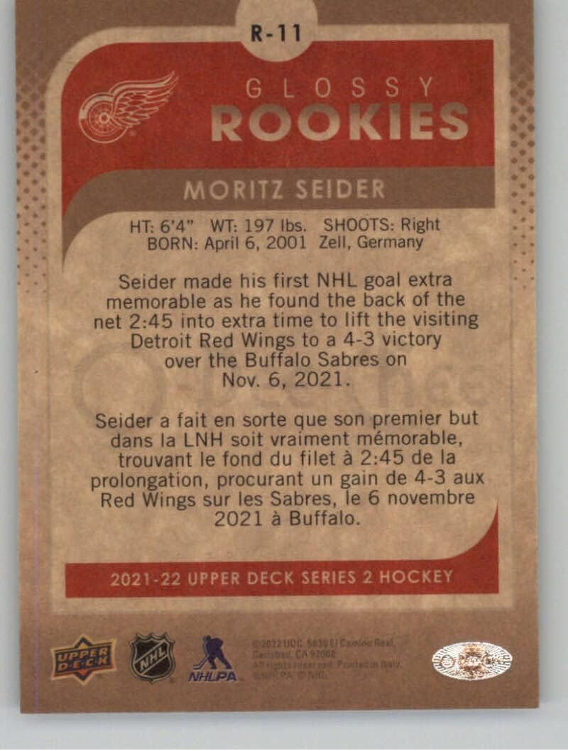 2021-22 Upper Deck O-Pee-Chee Glossy Rookies Bronze #R-11 Moritz Seider RC Rookie Card Detroit Red Wings Official NHL Hockey Card in Raw (NM or Better) Condition