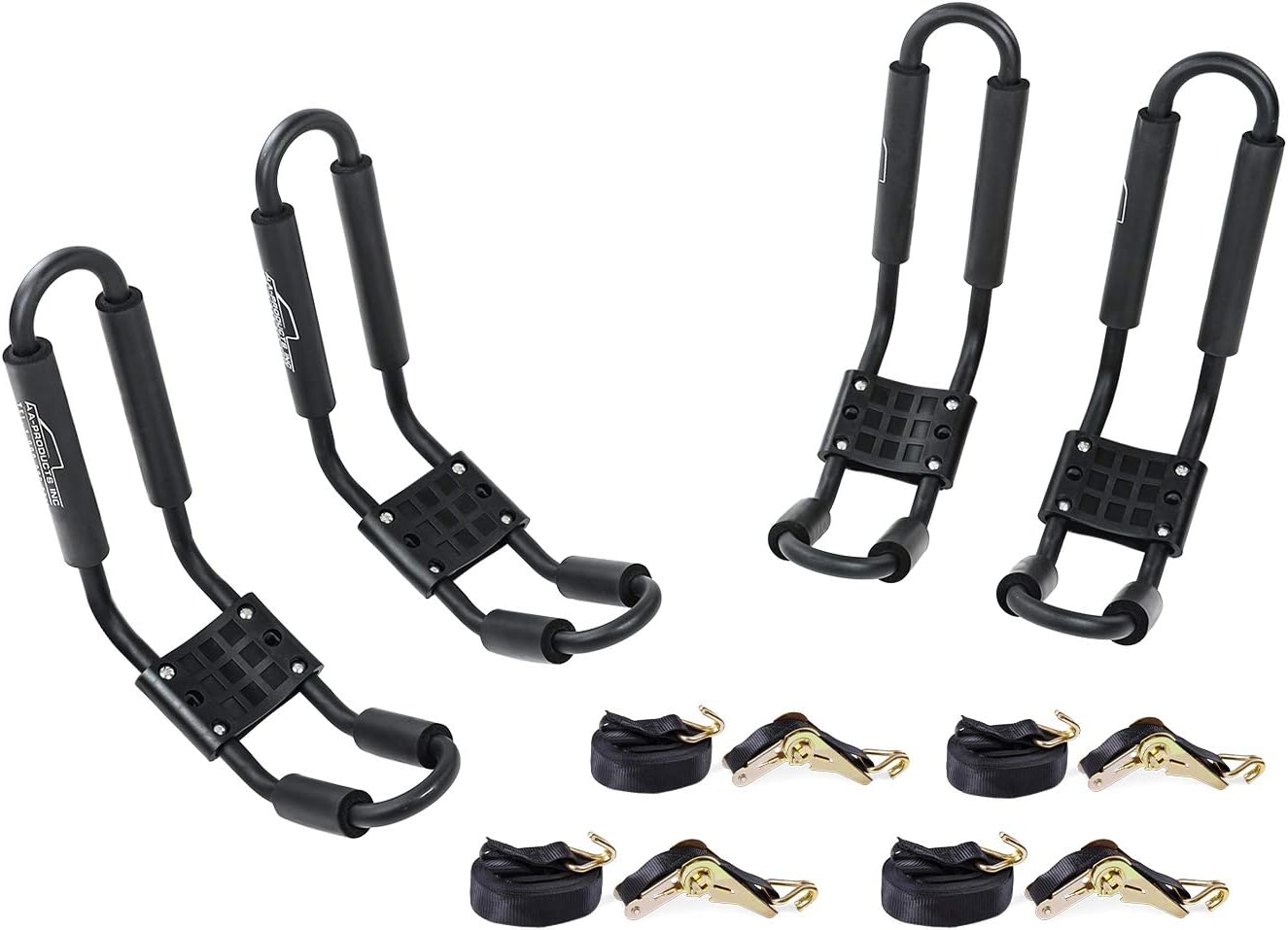 AA-Racks 2 Pair J-Bar Rack for Kayak Carrier Canoe Boat Paddle Board Surfboard Roof Top Mount on Car SUV Truck Crossbar with 16 Ft Ratchet Lashing Straps