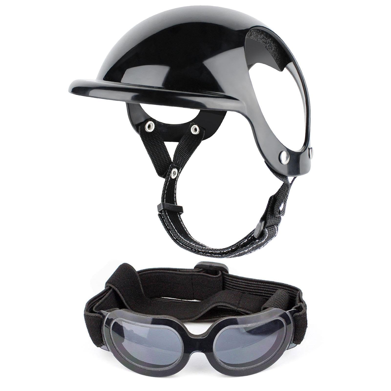 Pratvider 2 Dog Sunglasses and Pet Helmet Set with Dog Goggles, Pet Safety Cap with Adjustable Strap for Motorcycle Riding, Walking Head Gear for Small Medium Large Dogs