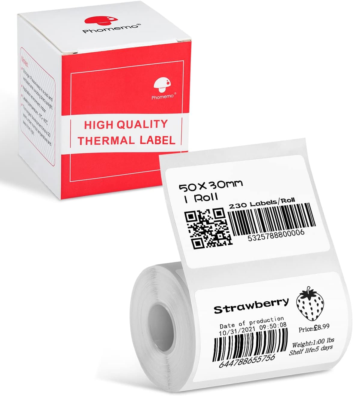 Phomemo Thermal Sticker Label Paper for M120/M110/M220/M221/M150 Label Maker Machine, Multi-Purpose Self-Adhesive Tag 1.96'' x 1.18"(50X 30mm), 230 Labels/Roll,Black on White
