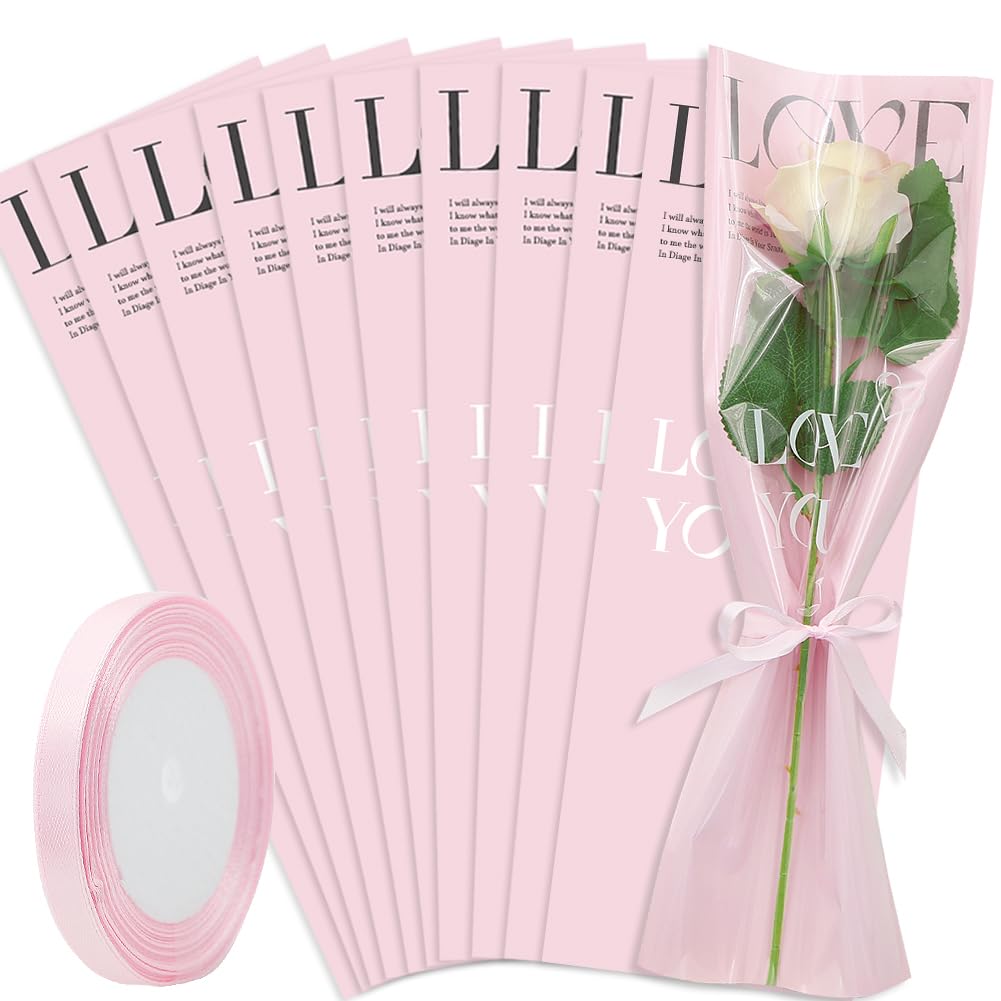 Single Rose Sleeve,Single Bouquet Packaging Bags with 1 Roll Pink Edge Ribbon Plastic Pink with LOVE Printed Flower Bags for Wedding Anniversary Valentine's Day Mother's Day 15.7x5.5 inch