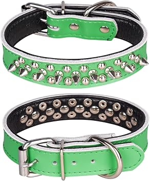 Spiked Studded Dog Collar, Genuine Leather Dog Collar, Adjustable Pet Collars for Small or Medium Pet S, Green-2