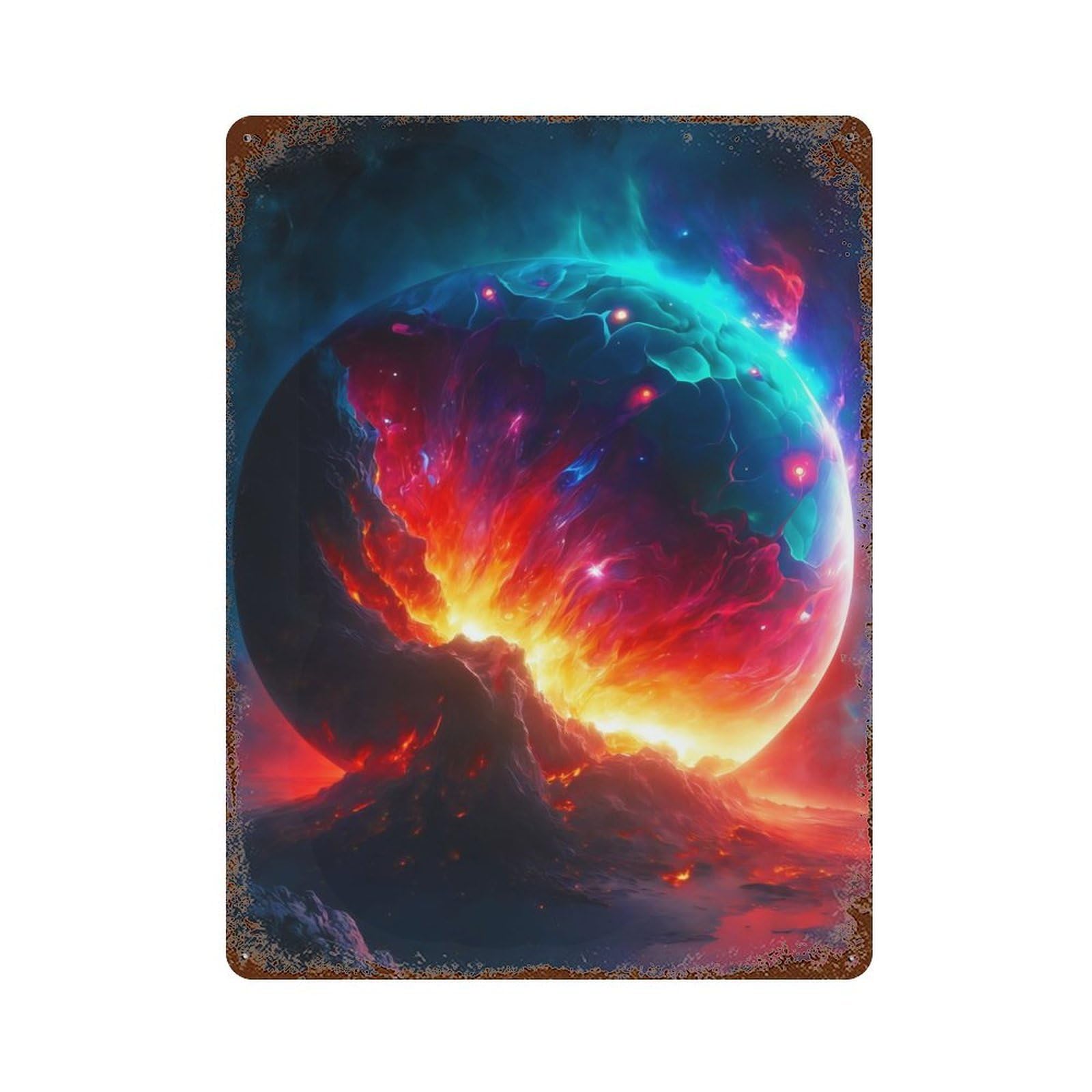 Cosmic Collision Rust Effect Tin Sign 15.7"x11.8", Novelty Wall Decor for Patio, Garden Room And Bar Decor