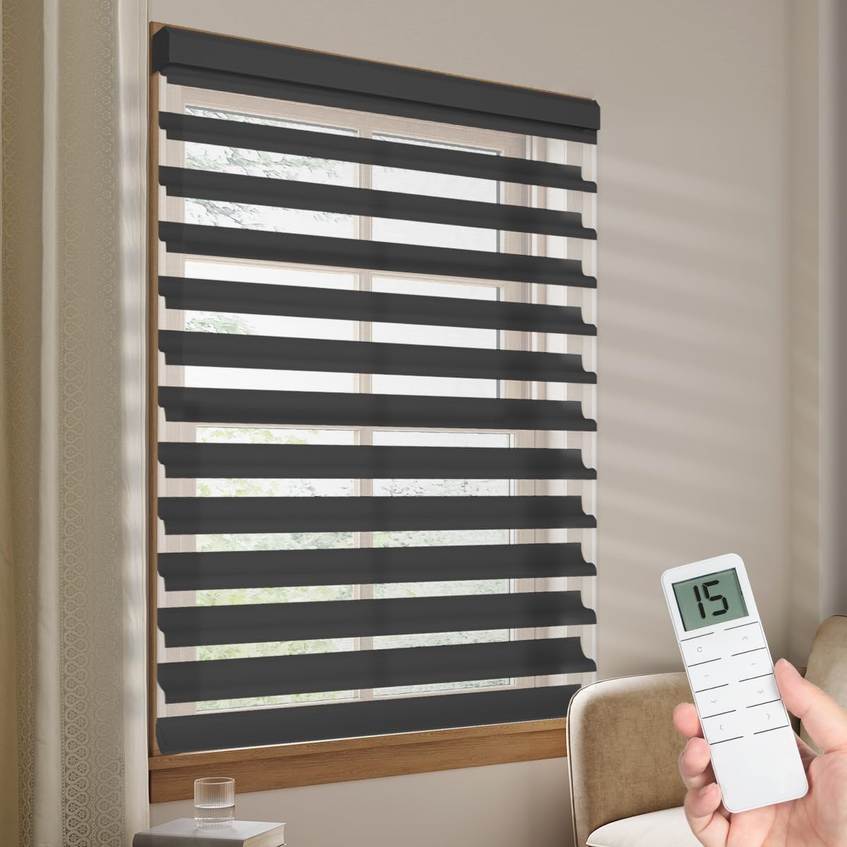 Motorized Sheer Shade with Remote Control, Blackout Electric Roller Blinds Compatible with Alexa via Hub, Rechargeable Smart Window Shade Custom Size (Blackout Greyish White)