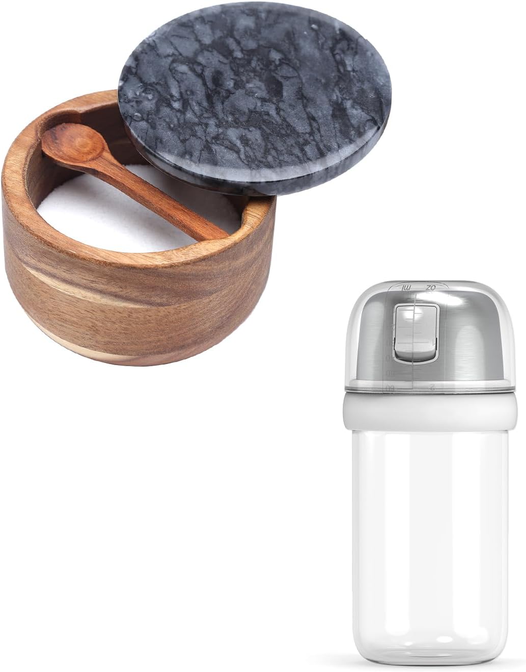 KITCHENDAO Large Acacia Salt Cellar Box and 2 in 1 Glass Salt Shaker with Side Pour Spout