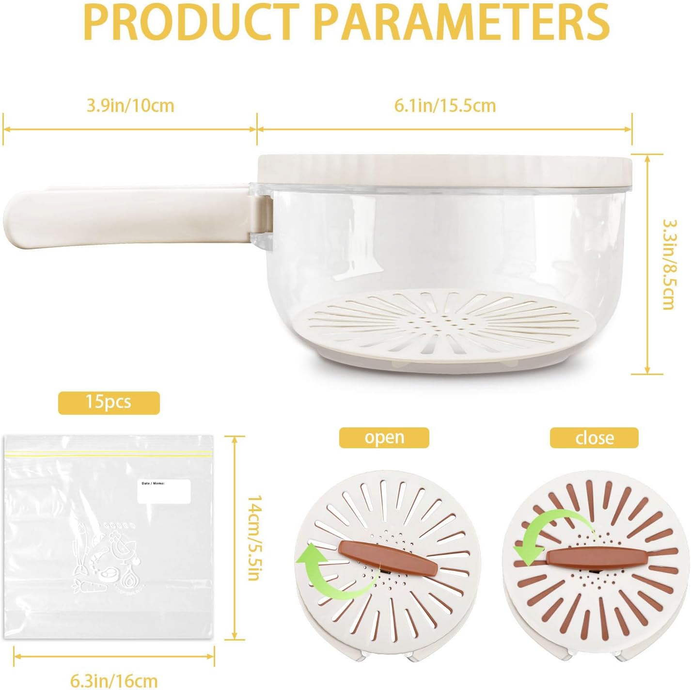 Fruit Washing Bowl with Strainer, Berry Washer with 15Pcs Food Storage Bags