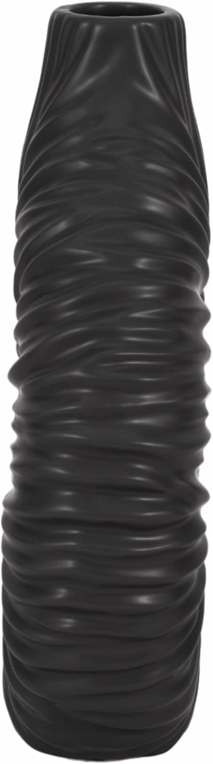 Modern Ribbed Ring Ceramic Vase for Living Room Decor - Sleek Stoneware Flower Vase for Home and Flower Arrangements - Sculptural Accent for Room, Bedroom, House or Office Table Decor - 12", Black