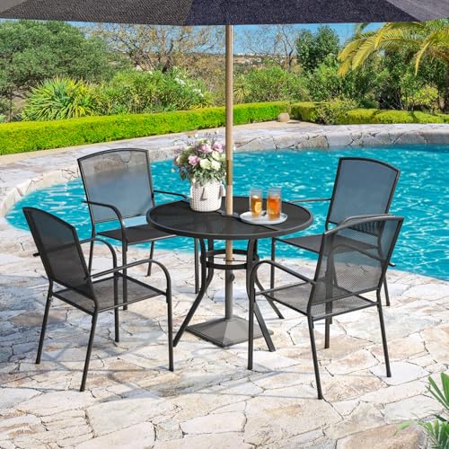 AECOJOY Metal Patio Table and Chairs Set for 4, Outdoor Dining Set, Modern Black Round Patio Dining Table Furniture Set with Umbrella Hole