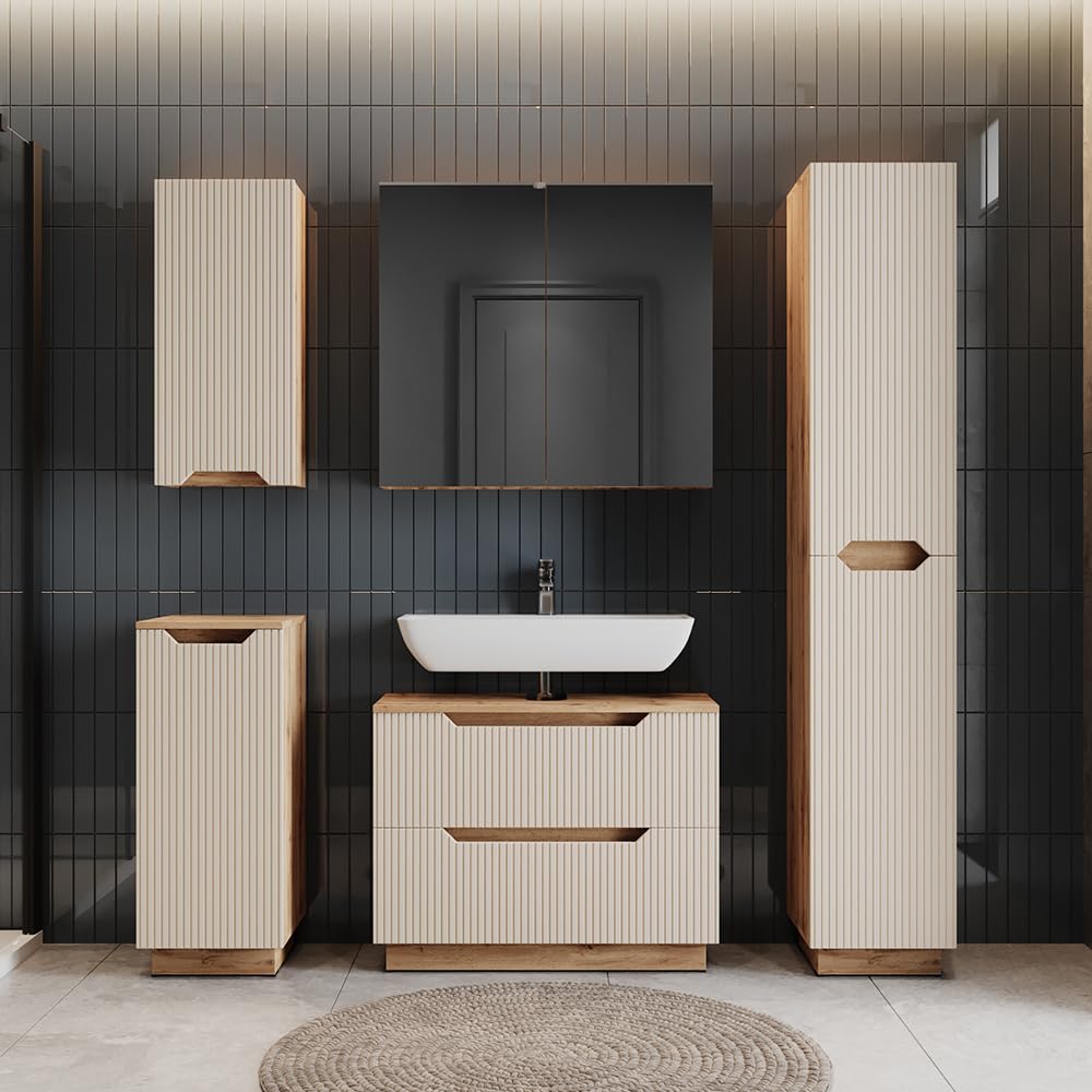 Vicco Meuble sous Vasque Simple Lotta, Cachemire, 79.6x62.5cm avec 2 tiroirs, pour Le Rangement des Accessoires de Salle de Bain et Le raccordement au lavabo
