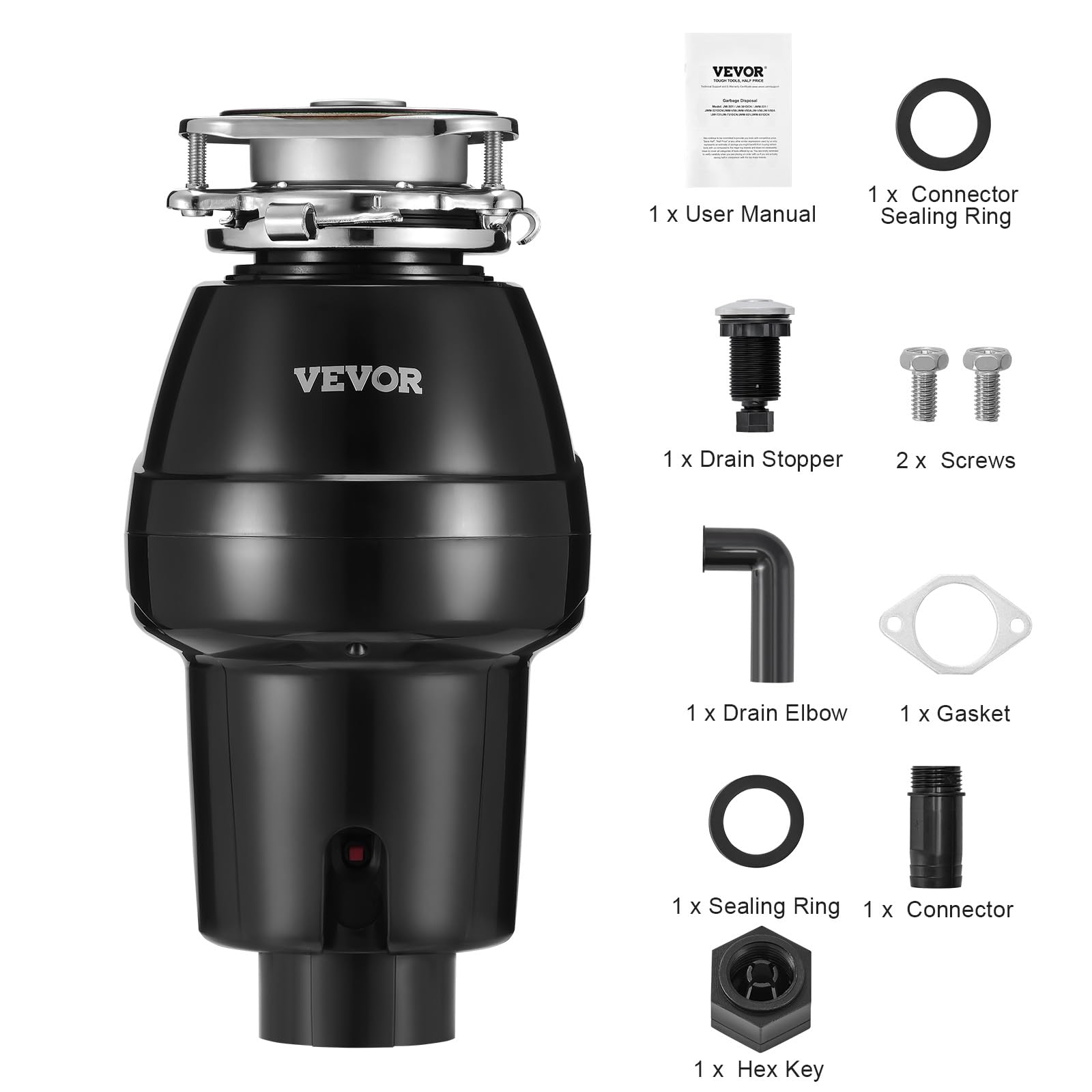 VEVOR Tritarifiuti per Lavello da Cucina, 0,37 kW, Sistema di Smaltimento Rifiuti Alimentari in Acciaio Inox, Montaggio 3 Bulloni, 3820 giri/min, con Cavo di Alimentazione, Paraspruzzi per la Casa