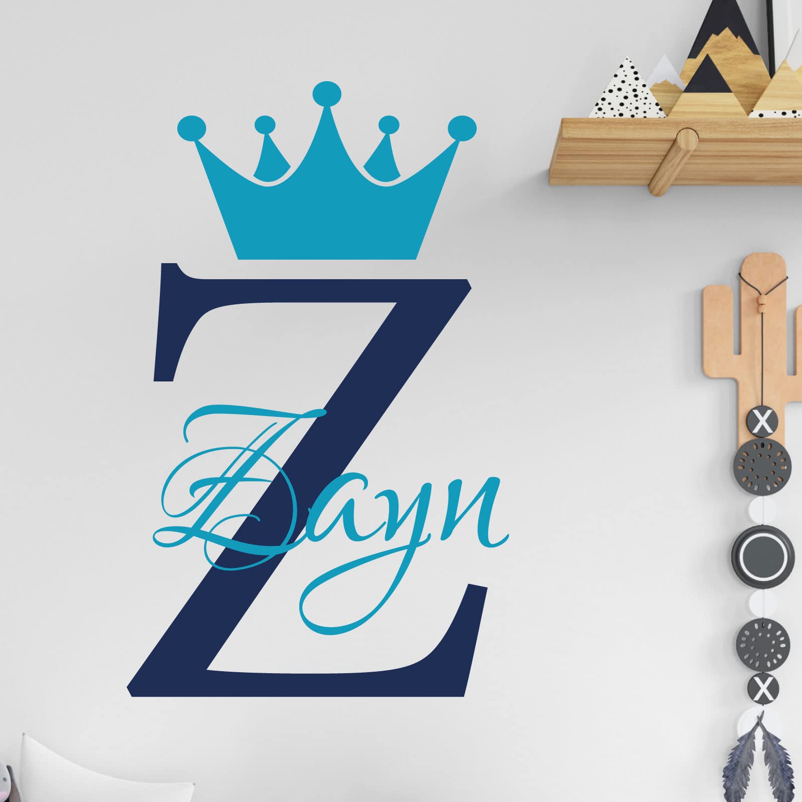 Personalised Name Baby Prince Princess Decal Wall Sticker - Initial Letter Crown [Large] [Cobalt]