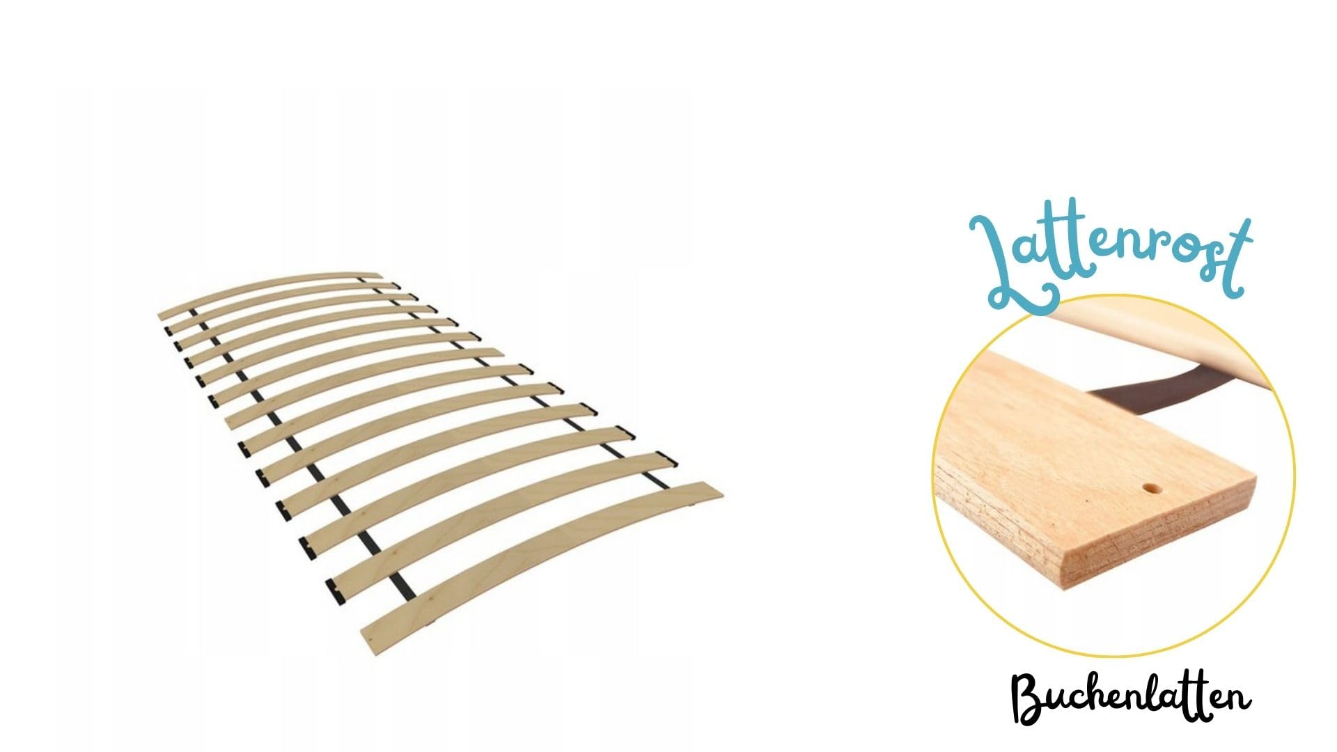 Happy Babies Kinderbett mit Rausfallschutz Junge 140x70 Bett für Kinderzimmer mit Schublade Matratze Einzelbett für Kinder Weiß Blau Hundemotiv (Buche)