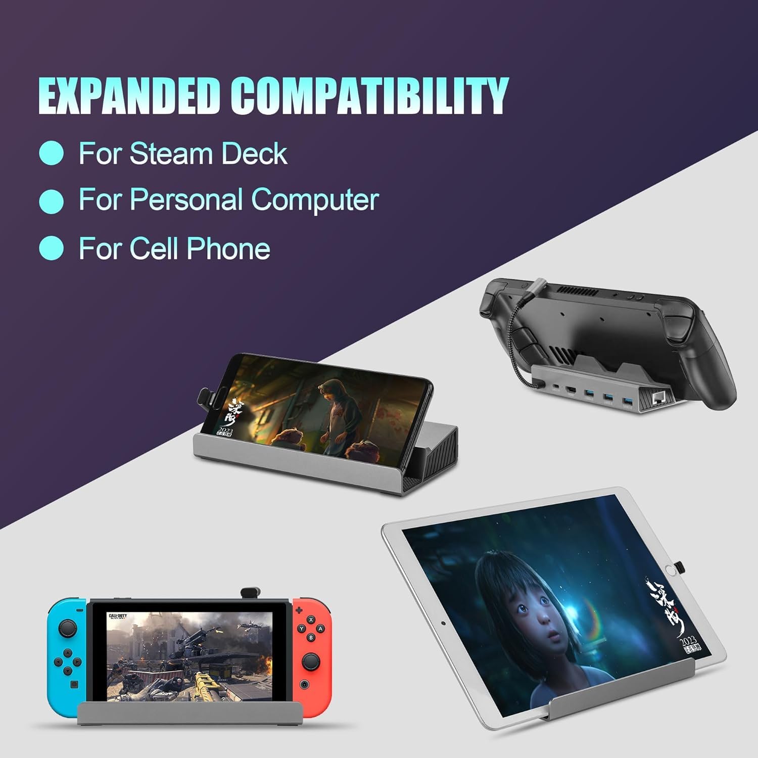 Station d'accueil pour Steam Deck ROG Ally, 6 en 1 Steam Deck Dock avec HDMI 2.0 4K @ 60Hz, Gigabit Ethernet 1000 Mbps, 3 USB-A 3.0 et 100 W Full Speed Charging USB-C Port Compatible avec Valve Steam