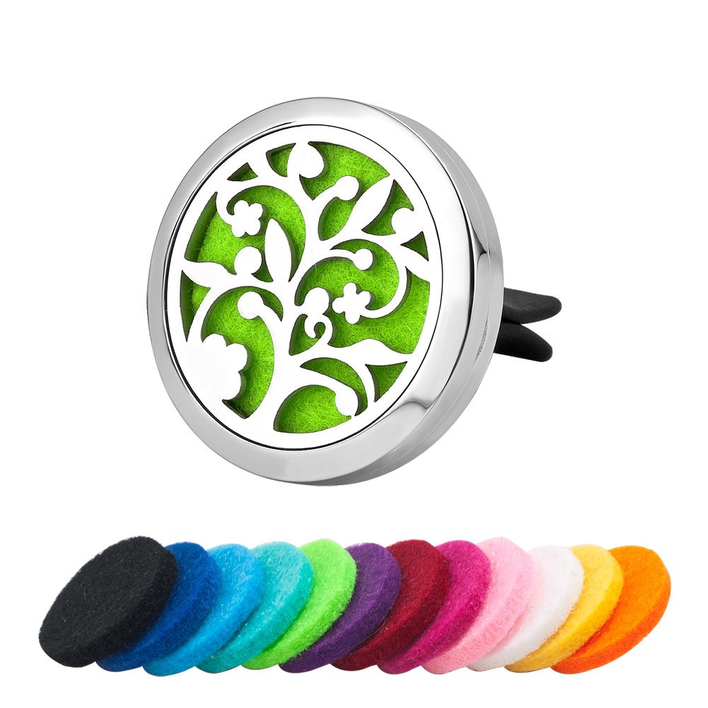 Third Time Charm Aromatherapy Car Essential Oil Diffuser Vent Clip Air Freshener Stainless Steel Tree Of Life Locket, 12 Refill Pads