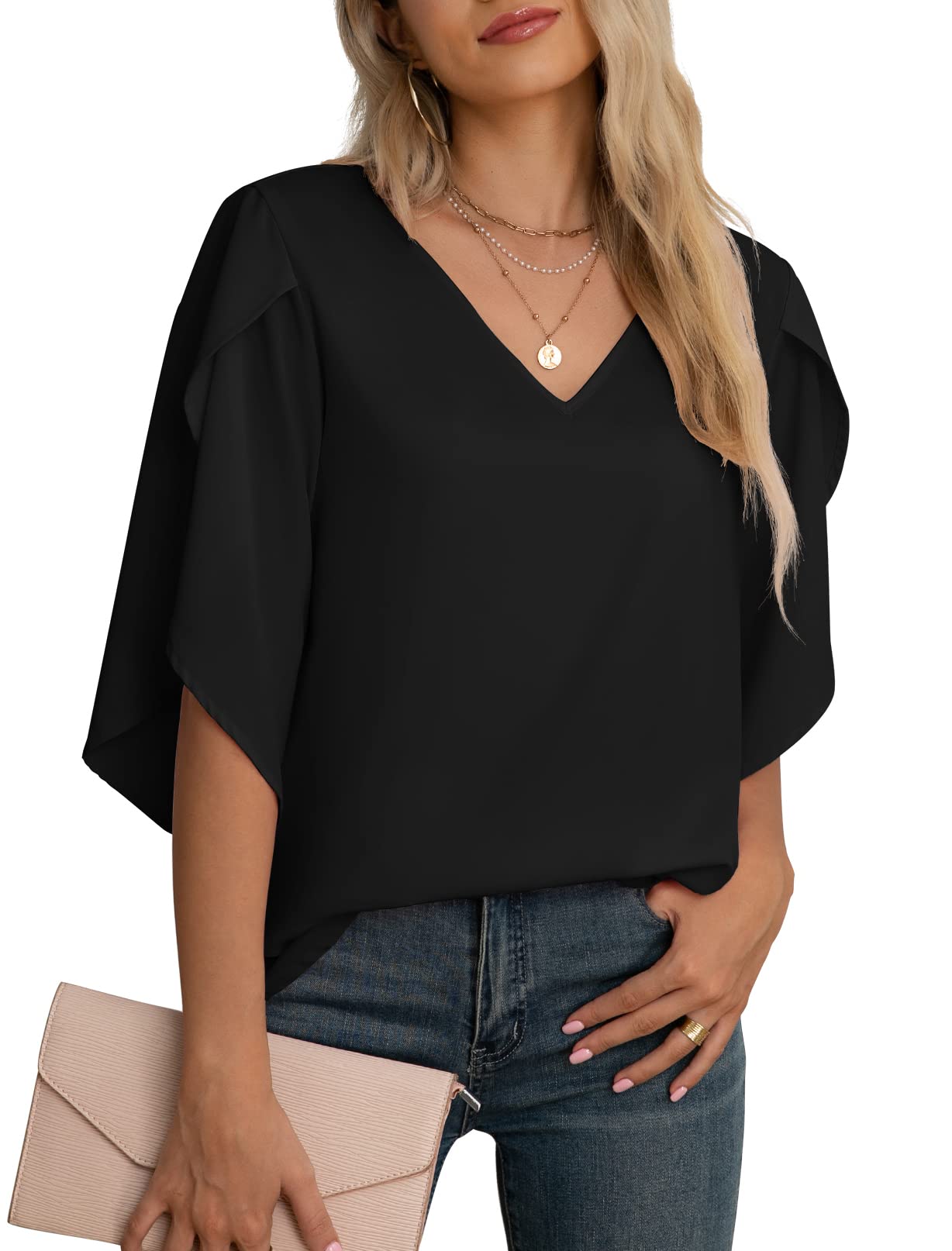 Yommay Damen Bluse Elegant V Ausschnitt Sommer T-Shirts Casual Leicht Chiffon Tunika Kurzarm Tops