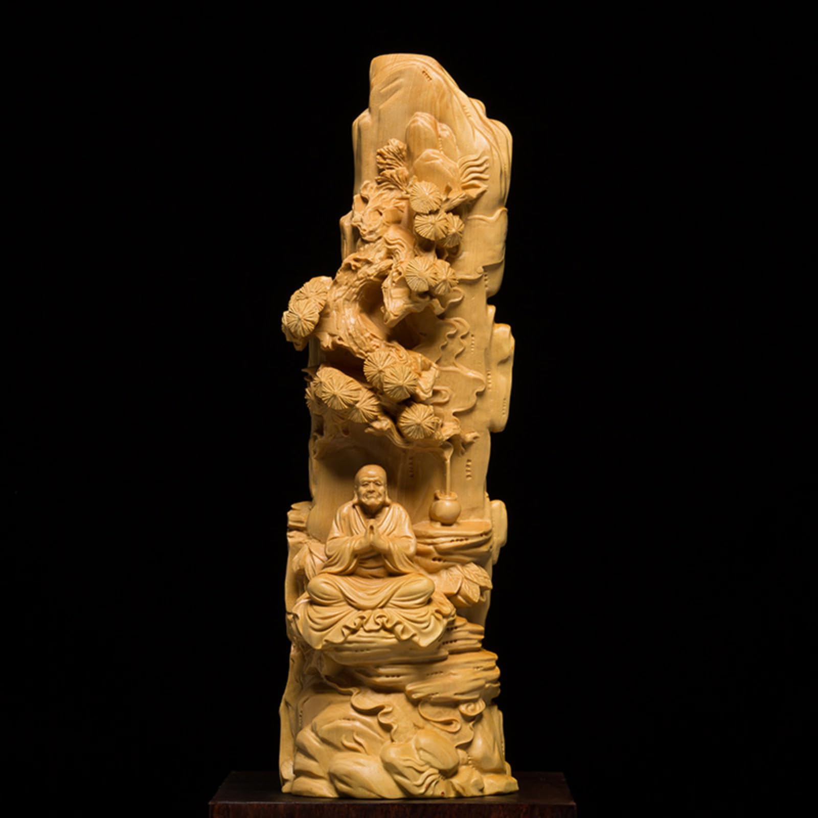 Statua di Buddha zen cinese intagliata a mano in legno di bosso, 23 cm, statuetta da meditazione Arhat seduto