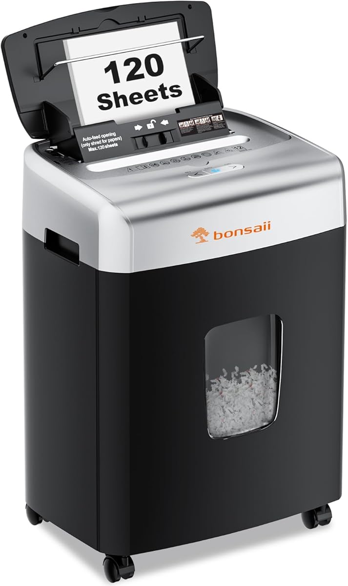 Bonsaii Paper Shredder for Office, 120-Sheet Autofeed Heavy Duty Shredder for Home Office Use, 30 Minutes/Micro Cut/P-4 High Security Level/6 Gallon Large Bin