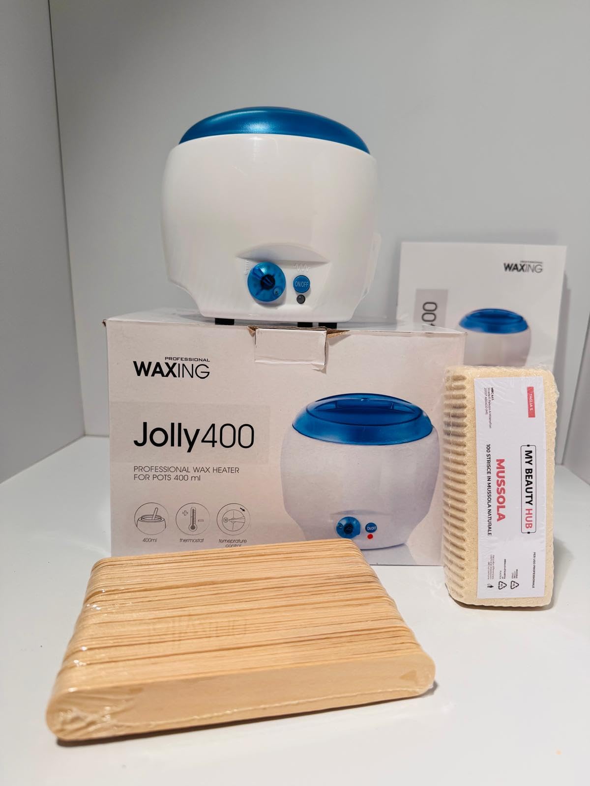 Scaldacera Professionale per Barattolo 400ml con 100 Strisce Mussola e 50 Spatole in Legno