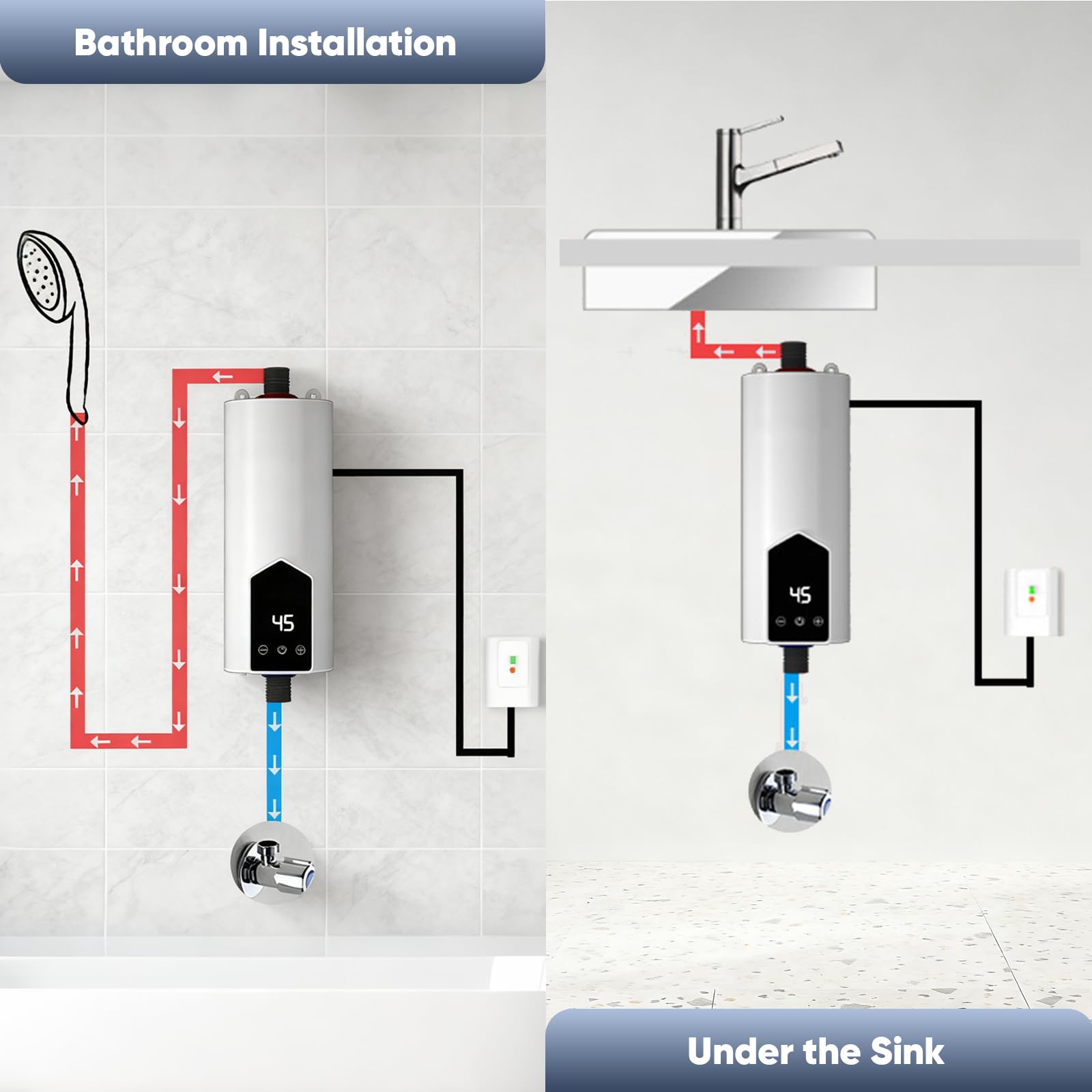 Calentador de agua sin depósito de 5500 W con juego de ducha, calentador de agua instantáneo de 220 V con pantalla digital LCD y botones táctiles, adecuado para ducha, baño/cocina/lavabo (F)