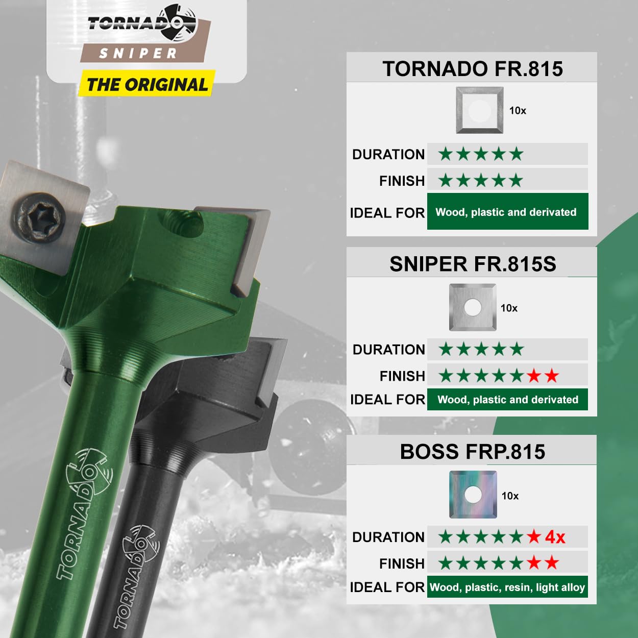 Fraiser coltellini/inserti reversibili di ricambio compatibili con frese per spianare tipo Tornado - in metallo duro HM (widia) - confezione da 10 pezzi (HM Raggiati, 10,5x10,5 mm)