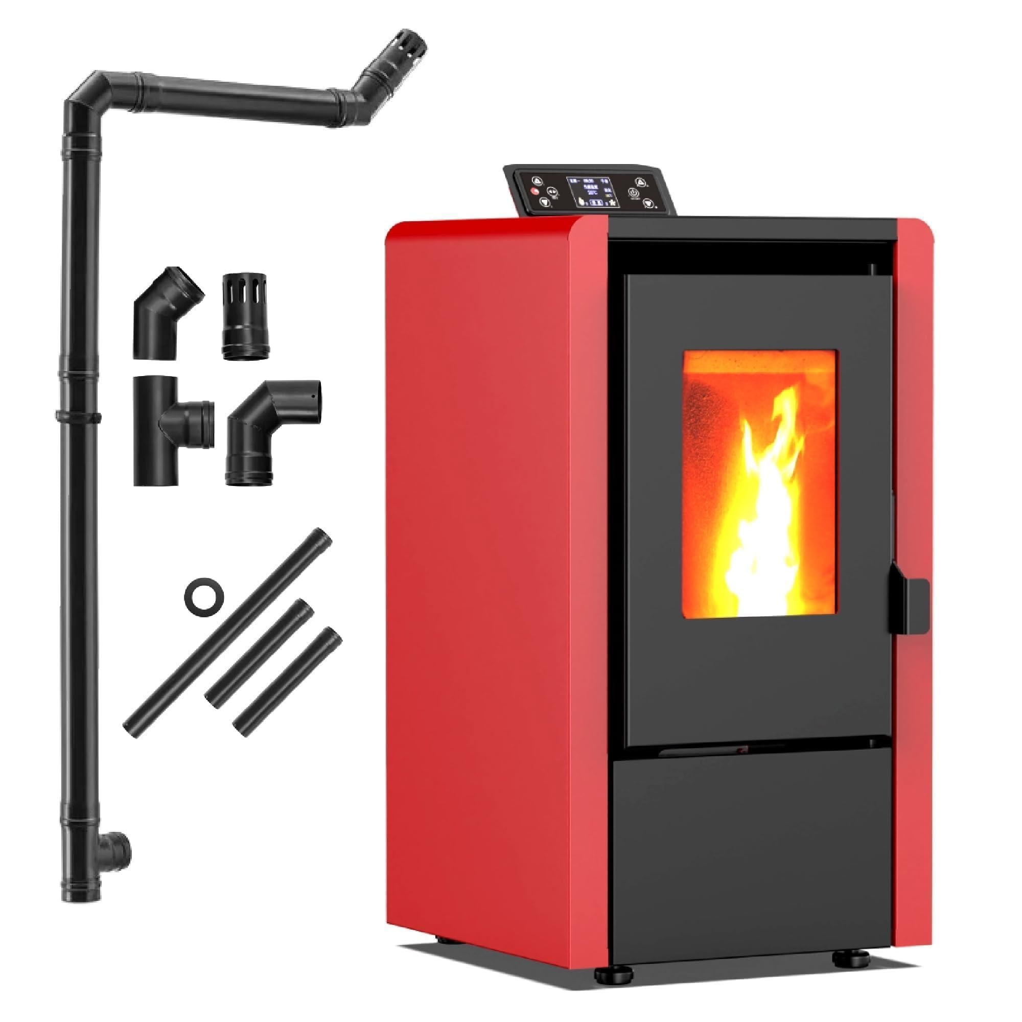 Estufa pellets THUNDER WLAN, automática, termostato, temporizador, kit tubo humos, acero, Ecodiseño, CE, BImSchV. (LEYLA RED, 6,3 KW)