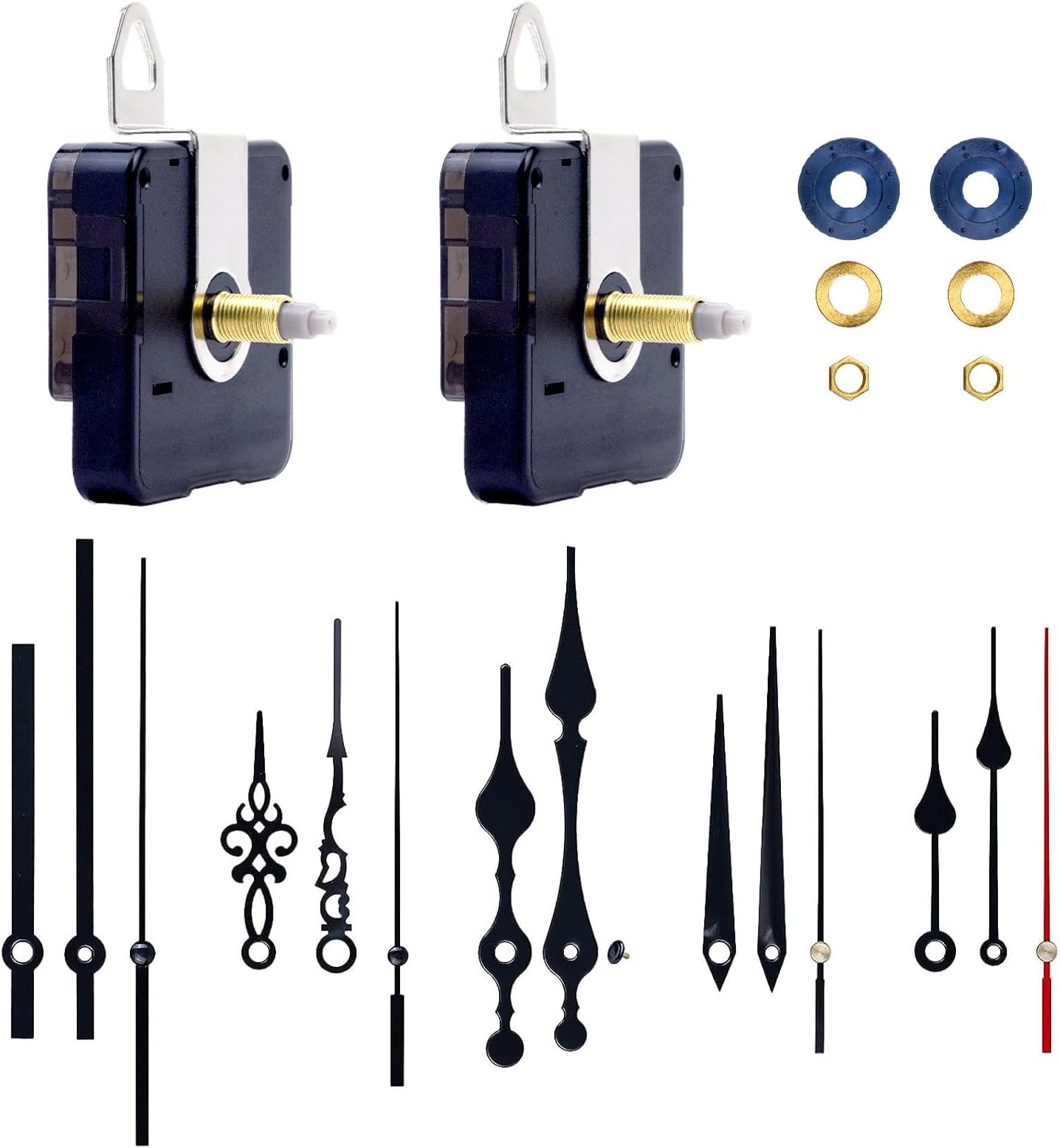 LUSEE 2 Pack Clock Mechanisms Battery Powered, Long and Short Shaft Quartz Mechanism with 5 Pairs Aluminium Clock Hands, Motor Movement Replacement DIY Kits, Black